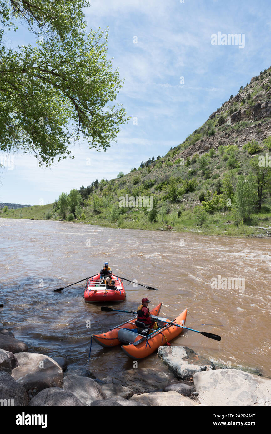 Rafters test the rapids of the Animas River, just below Durango, the seat of La Plata County in southern Colorado Stock Photo
