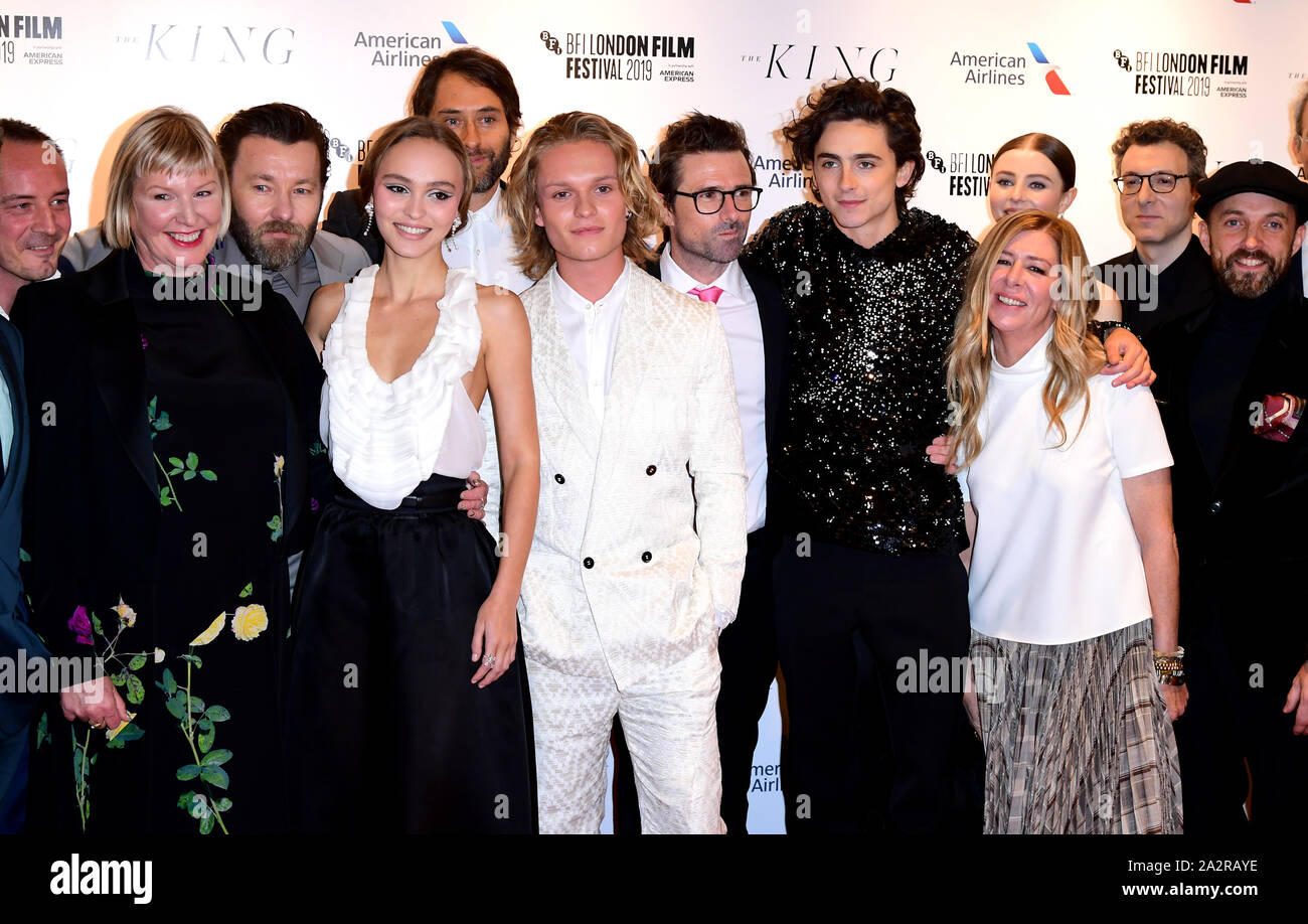 Steven Elder, Liz Watts, Joel Edgerton, Lily-Rose Depp, Jeremy Kleiner, Tom Glynn-Carney, David Michod, Timothee Chalamet, Dede Gardner, and Thomasin Harcourt McJenzie attending The King UK Premiere as part of the BFI London Film Festival at the Odeon Luxe Leicester Square, London. Stock Photo