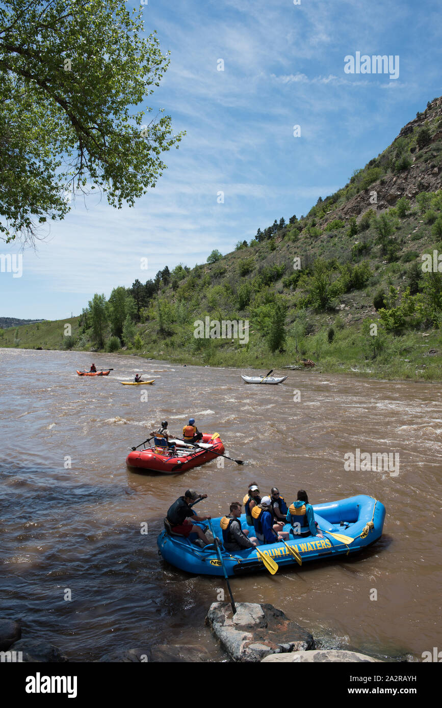 Rafters test the rapids of the Animas River, just below Durango, the seat of La Plata County in southern Colorado Stock Photo