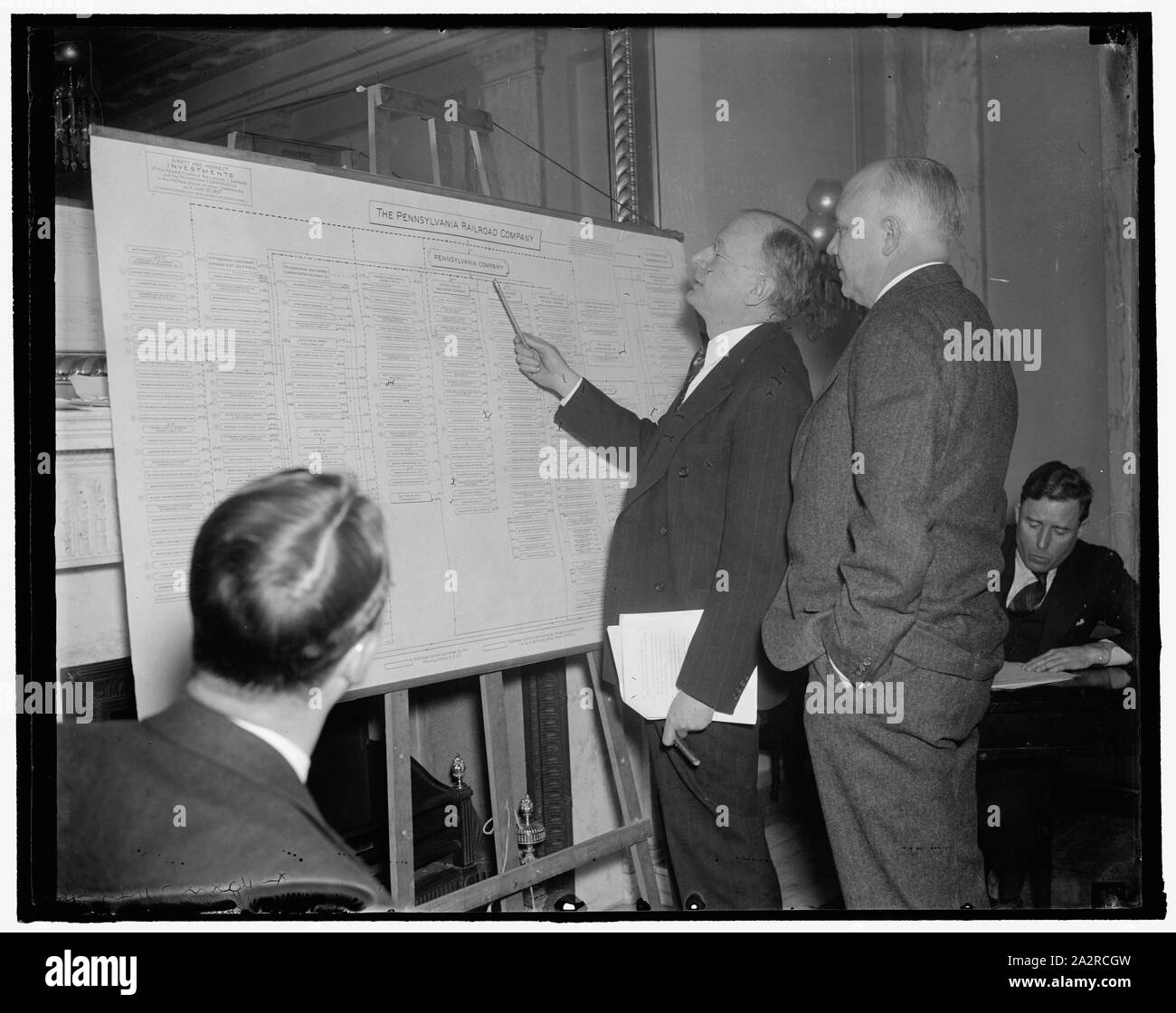 Rail Inquiry Chairman and Pennsy head view chart of Penna. R.R. holding companies. Washington, D.C., Dec. 15. A huge chart showing the numerous subsidiaries controlled by the Pennsylvania Railroad was on display at the Senate Rail Inquiry Committee room today. Chairman of the committee, Senator Burton K. Wheeler (left) is shown viewing the chart as he questions Martin W. Clement, President of the Pennsy, about the salaries paid directors of the road. Clement told the committee that his own salary had been increased from $60,000 to $100,000 on January 1, 1937, 12/15/37 Stock Photo