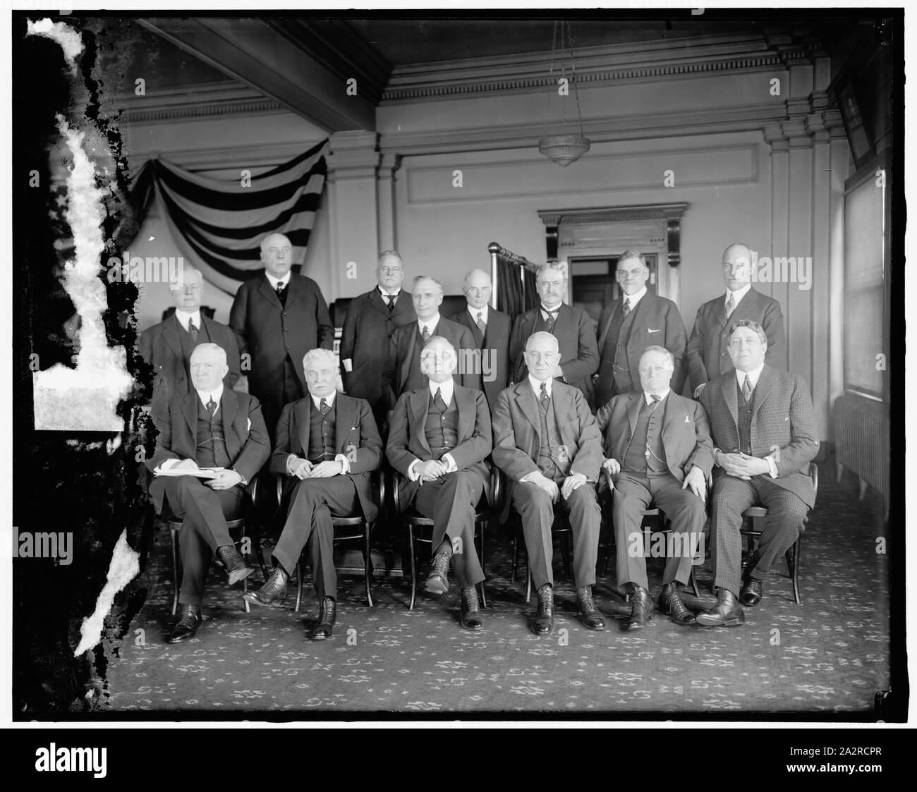Railroad Executives J.M. Herbert; Smuel Rea; A.H. Smith; DeWitt Styler; Alred P. Thnom(); C.E. Loomis; standing: L to R: B.M. Rubinson; F.D. Underwood; J. Kruttschnitt; E.N. Brown; Daniel Willard; W.H. Finley; W.B. Story; W.W. Aterbury. Stock Photo