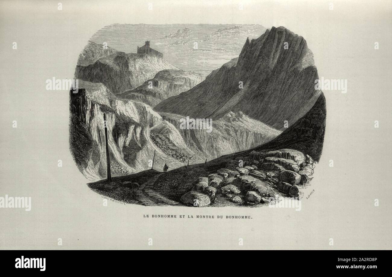 The Bonhomme and the Bonhomme's watch, View of the col de Bonhomme Haute-Savoie, signed: Karl Girardet, after p. 118, p. 171, Toepffer, Rodolphe (d'apres); Girardet, Karl, Rodolphe Töpffer: Nouveaux voyages en zigzag, à la Grande-Chartreuse, autour du Mont Blanc, dans les vallées d'Hérens, de Zermatt, au Grimsel, à Gênes et à la Corniche. Éd. 5. Paris. Garnier, 1886 Stock Photo