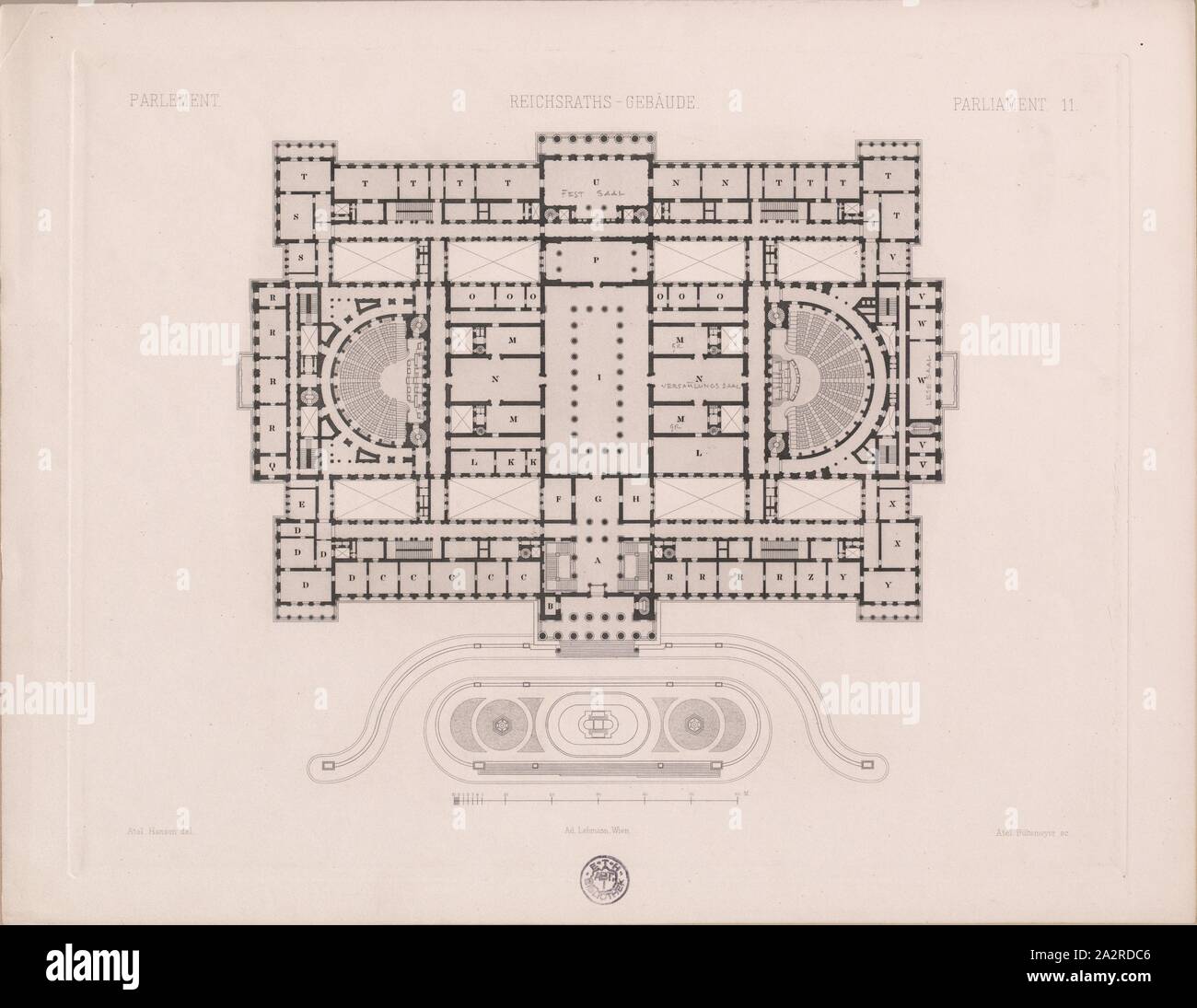 Floor plan of the k.k. Reichsrathsgebäude in Vienna, Floor plan of the parliament building in Vienna, Fig. 3, 1885, [Eduard] van der Nüll u.a: Wiener Monumental-Bauten. Bd. 3. Wien: Lehmann, 1885 Stock Photo