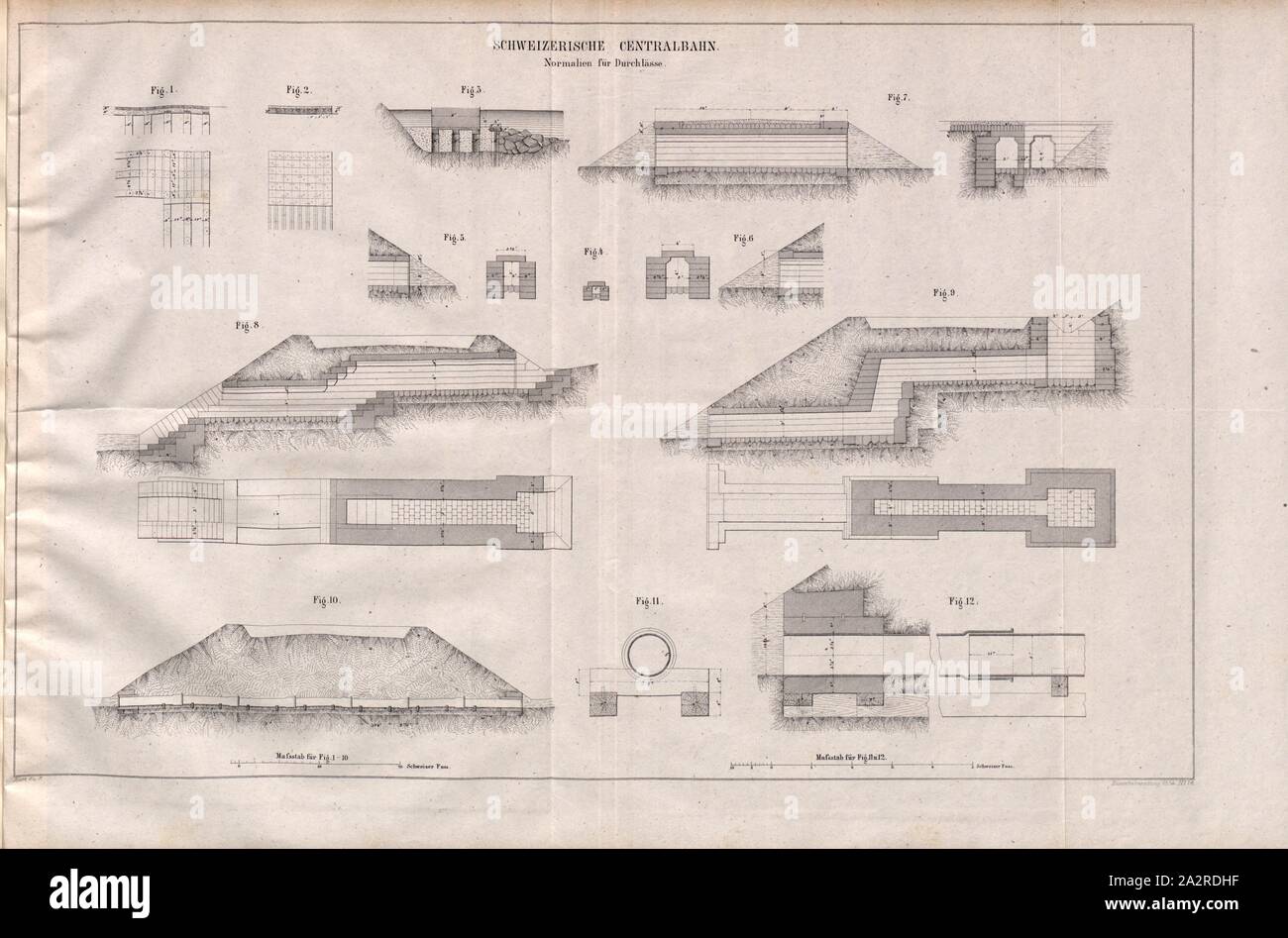 Swiss Central Railway 2, Passage Standards, Figs. 1-12, Sheet 6-7, 1854, Eisenbahnzeitung. Jg. 12/13. Stuttgart, [s.n.], 1858 Stock Photo