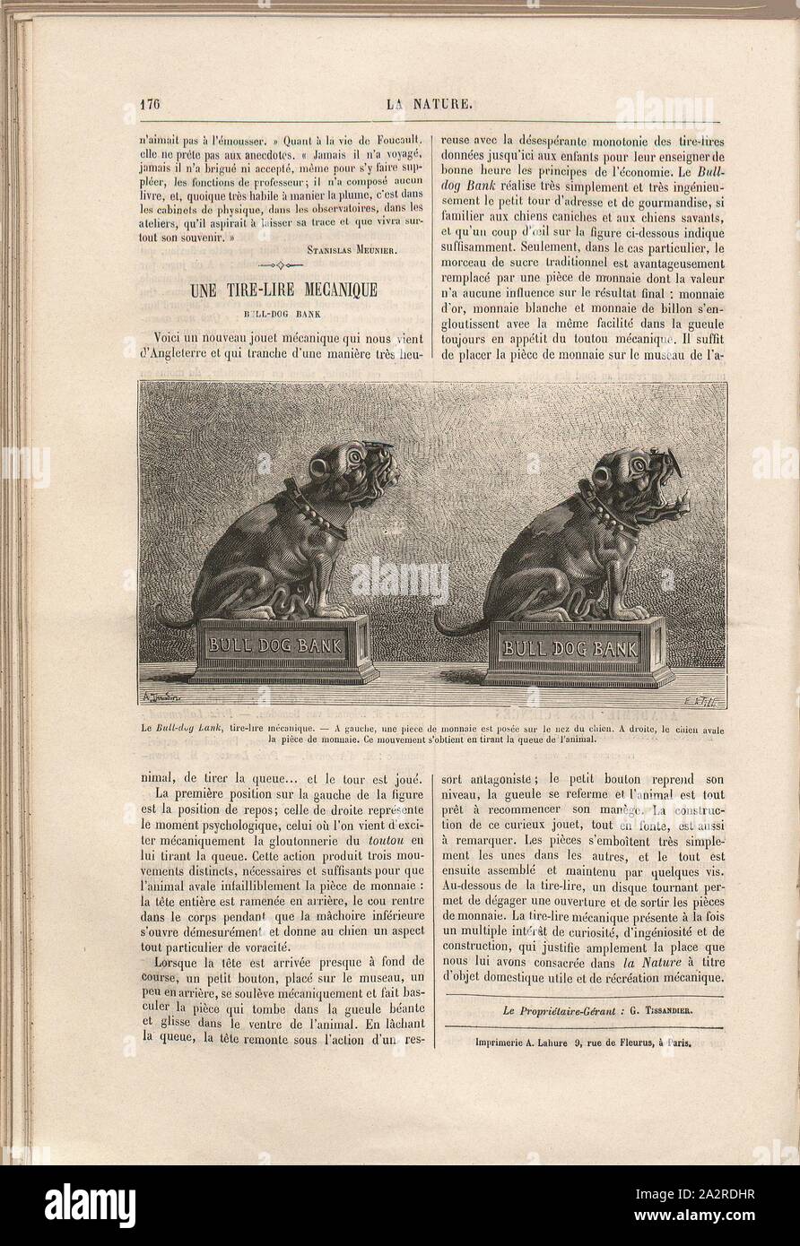 The Bull-dog Bank, mechanical tire puller. - On the left, a coin is placed on the dog's nose. On the right, the dog swallows the coin. This movement is obtained by pulling the tail of the animal, Mechanical money-box in the shape of a bulldog, Signed: A. Tissandier ?; E. A. Tibbe ?, p. 176, 1882, Science progrès découverte: revue publiée avec la participation de la Société des Ingénieurs Civils de France. No. 10. Paris: Dunod, 1882 Stock Photo