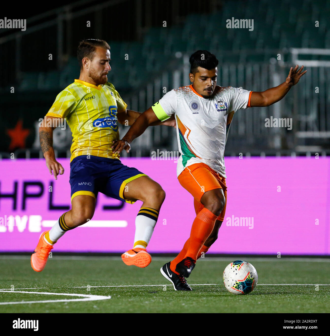 Langley Park Perth Western Australia 3rd Oct 2019 World Mini Football Federation World Cup Australia Versus India Damanpreet Sukh Singh Heer Of India Passes The Ball As Joshua Da Silva Of Australia