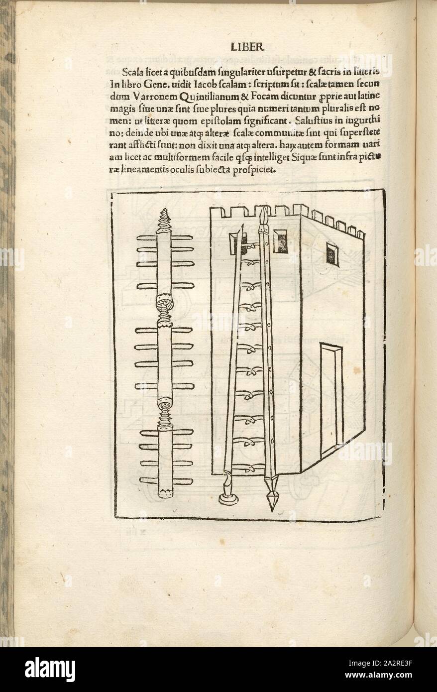 Foldable ladders, Warfare in the Middle Ages, Overcoming a Fortress Wall, Escalade, Comparison of a Collapsible and Foldable Ladder, Woodcut, S. 348, (Liber decimus), 1483, Roberto Valturio: [De re militari]. Verona: [Boninus de Boninis], [1483 Stock Photo