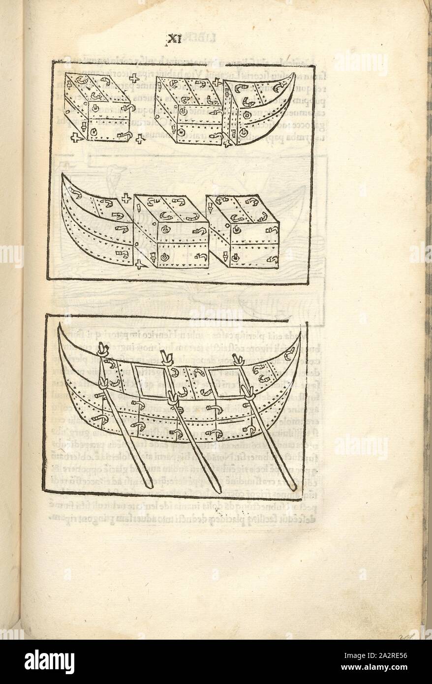 Dismountable ship parts, Warfare in the Middle Ages, military equipment, canoe, above: collapsible ship parts, below: composite ship with paddle, crossing water, woodcut, S. 419, (Liber undecimus), 1483, Roberto Valturio: [De re militari]. Verona: [Boninus de Boninis], [1483 Stock Photo
