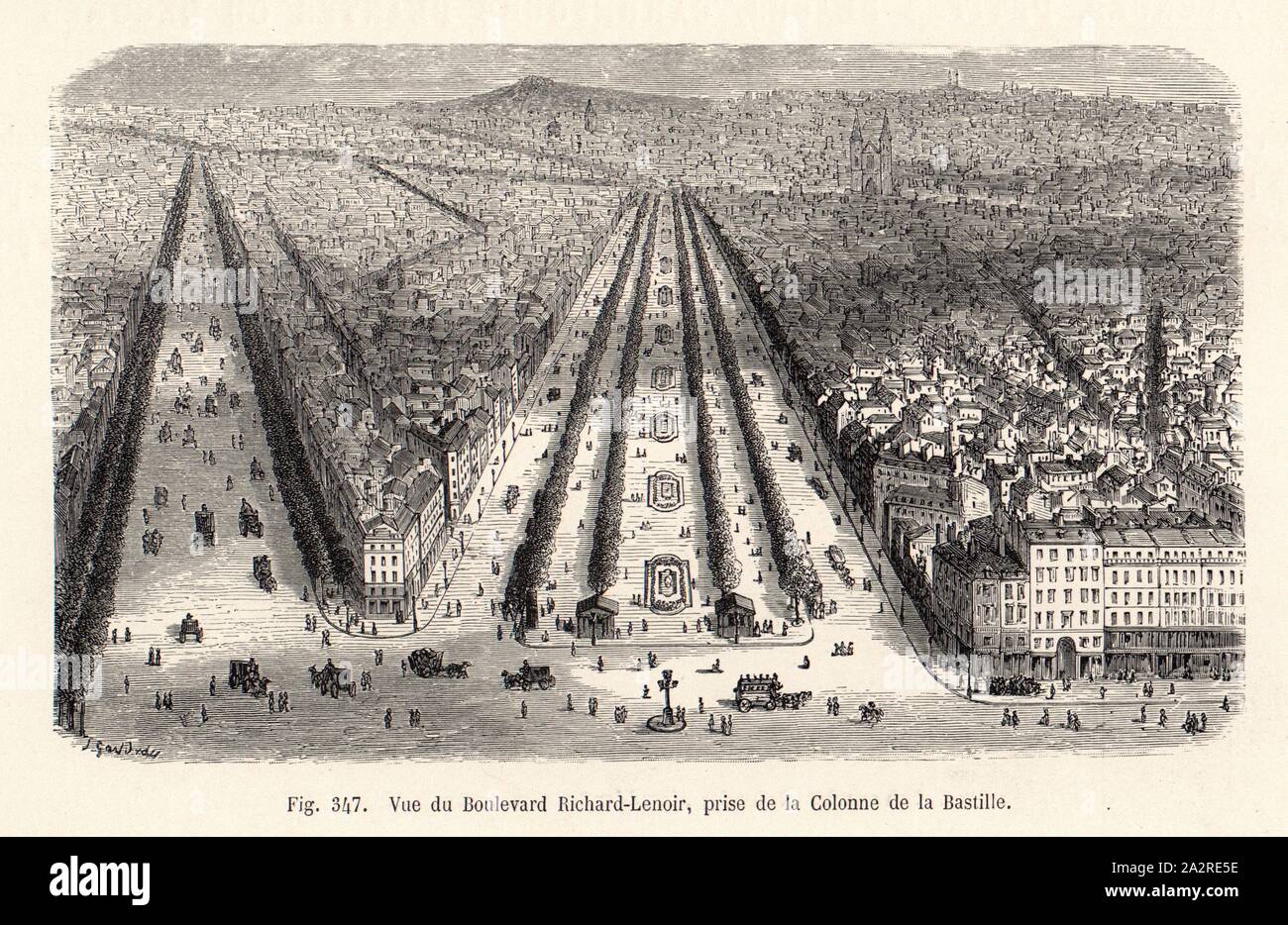 View of Boulevard Richard-Lenoir, taken from the Column of the Bastille,  Illustration of 19th-century Boulevard Richard-Lenoir, signed: J. Gaildrau,  Fig. 347, p. 239, Gaildrau, J., Adolphe Alphand: Les promenades de Paris  [...].