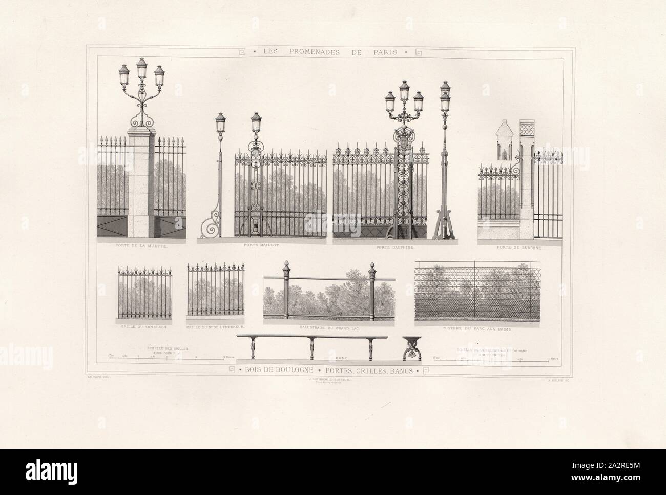 Bois de Boulogne, doors grids benches, Illustration of the benches, entrances and grille of the 19th century Boulogne Park, signed; Ad., Fath Del, J. Rotschild, Éditeur; J. Sulpis Sc, Fig. 4, p. 27, Fath, Ad. (del.); Rotschild, J. (ed.); Sulpis, J. (sc.), Adolphe Alphand: Les promenades de Paris [...]. Planches. Paris: par J. Rothschild, 1867 Stock Photo