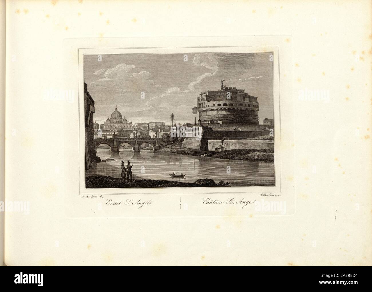 Castel S. Angelo, Castel Sant'Angelo and Tiber in Rome, signed: P. Parboni dis, A. Parboni inc, Taf. 20, Parboni, P. (dis.); Parboni, A. (inc.), Gaetano Cottafavi, Gabriele Fontana, D. Amici, P. Parboni, A. Fornari, S. Bossi, Salvatore Busuttil: Souvenirs de Rome. [nicht ermittelbar]: [nicht ermittelbar], [1800 Stock Photo