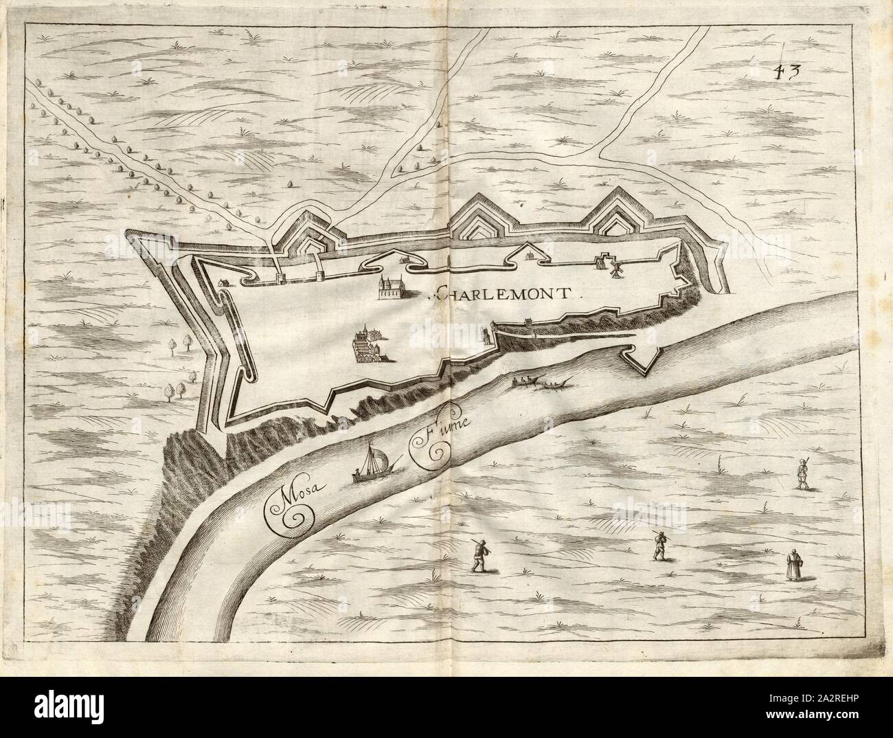 Charlemont, Plan of the Fort de Charlemont (France), Fig. 45, 43, after p. 148, 1683, Galeazzo Gualdo Priorato: Teatro del Belgio, o sia descritione delle diecisette provincie del medesimo: con le piante delle città, e fortezze principali; da chi al presente possesse; come, in qual modo, & in qual tempo acquistate: aggiontovi un succinto racconto di quanto è occorso dalla mossa d'armi del re christianissimo contro gli Stati Generali delle Provincie Unite sin'al fine del 1672. Francofort: [nicht ermittelbar], M.DC.LXXXIII. [1683 Stock Photo