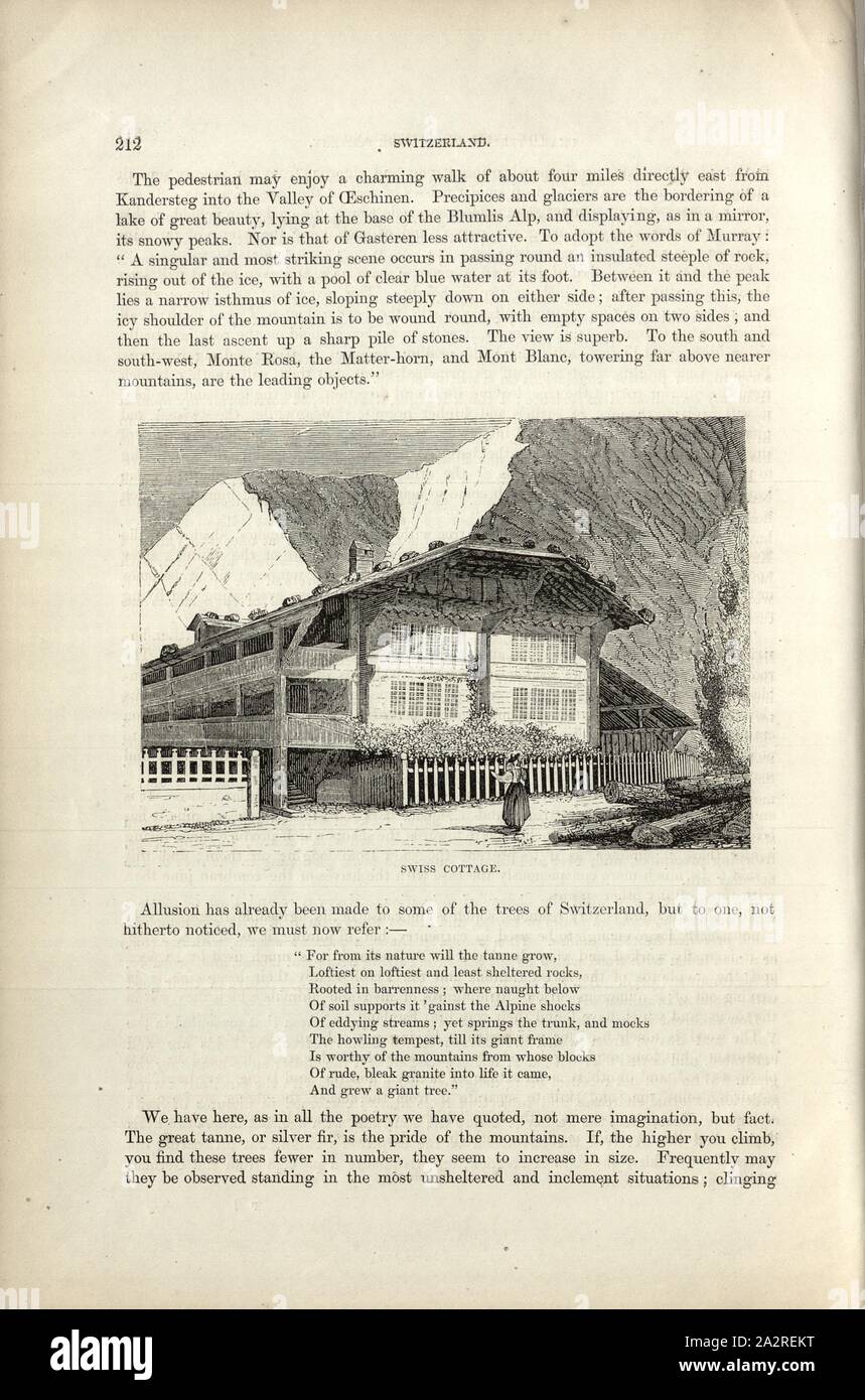 Swiss cottage, Typical Swiss Chalet, p. 212, Charles Williams, The Alps, Switzerland, and the North of Italy. London: Cassell, 1854 Stock Photo