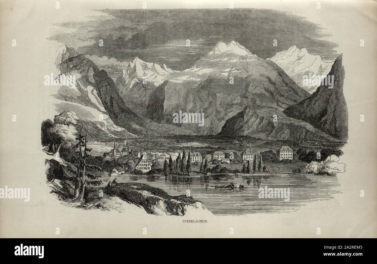 Interlachen, View of Interlaken, S. 241, Charles Williams, The Alps, Switzerland, and the North of Italy. London: Cassell, 1854 Stock Photo