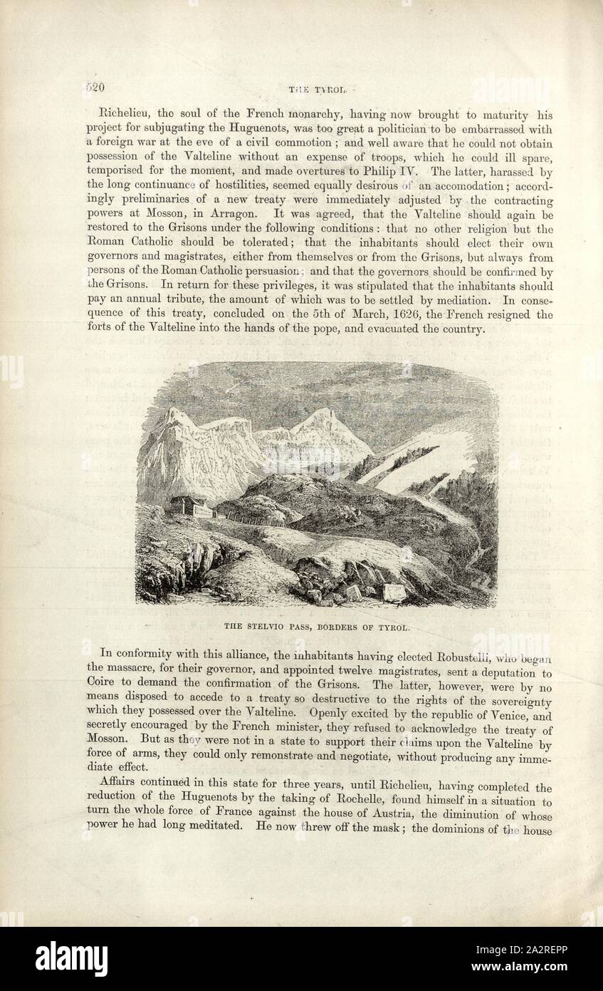 The Stelvio pass, borders of Tyrol, Border to the Tyrol on the Stelvio Pass, p. 520, Quartley, J., 1854, Charles Williams, The Alps, Switzerland, and the North of Italy. London: Cassell, 1854 Stock Photo