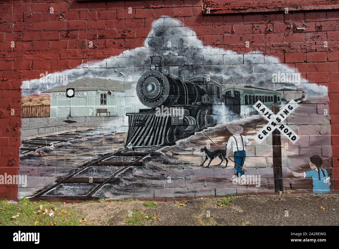 Railroad-themed mural in the town of Gauley Bridge, West Virginia Stock Photo