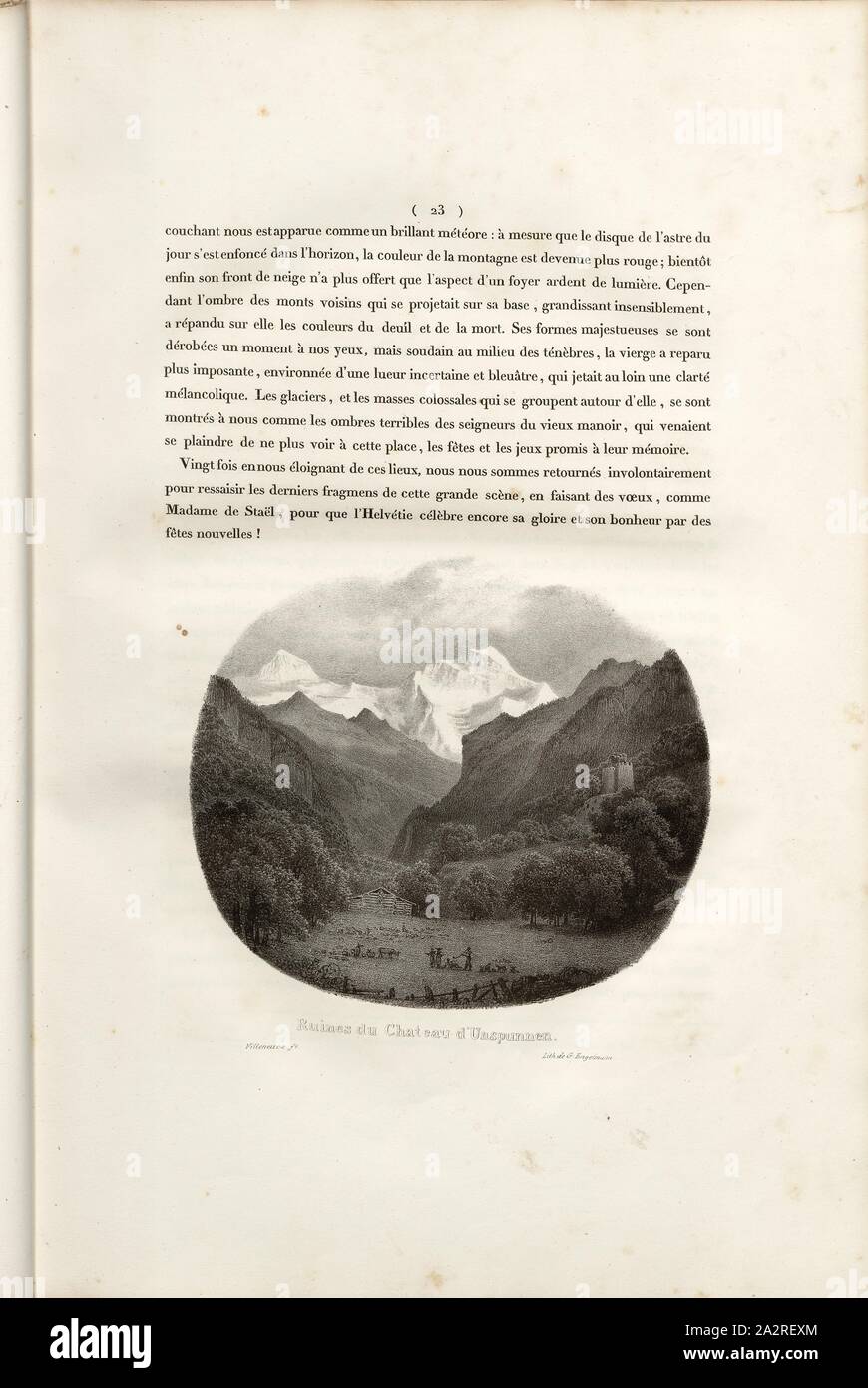 Ruins of Unspunnen Castle, Landscape with ruins of Unspunnen, signed: Villeneuve, G. Engelmann, lithograph, plate 2, p. 23 (vol. 2, part 1), Villeneuve, M. (ft.); Engelmann, Godefroy (lith.), 1823, Hilaire Léon Sazerac, Godefroy Engelmann: Lettres sur la Suisse (...). Paris: [s.n.], 1823-1832 Stock Photo