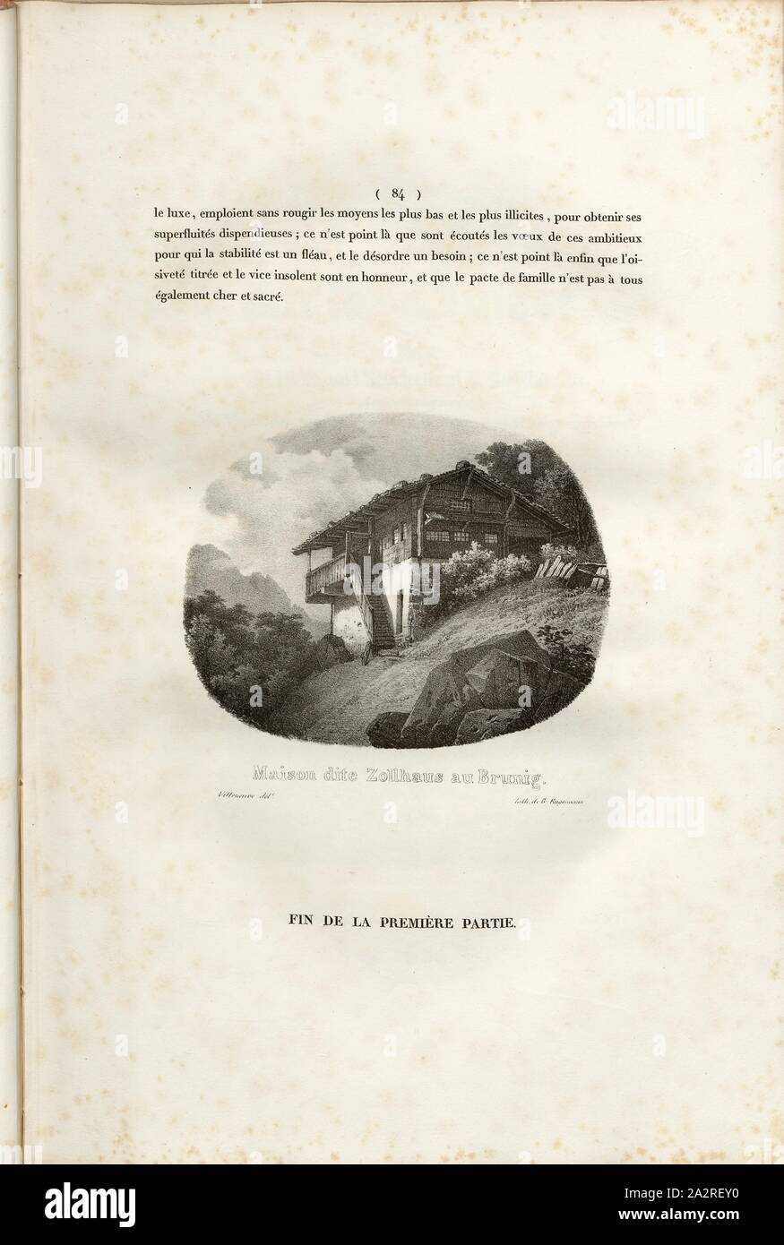 House called Zollhaus at Brunig, Zollhaus am Brünig, Signed: Villeneuve, G. Engelmann, lithograph, plate 6, p. 84 (vol. 2, part 1), Villeneuve, M. (delt.); Engelmann, Godefroy (lith.), 1823, Hilaire Léon Sazerac, Godefroy Engelmann: Lettres sur la Suisse (...). Paris: [s.n.], 1823-1832 Stock Photo