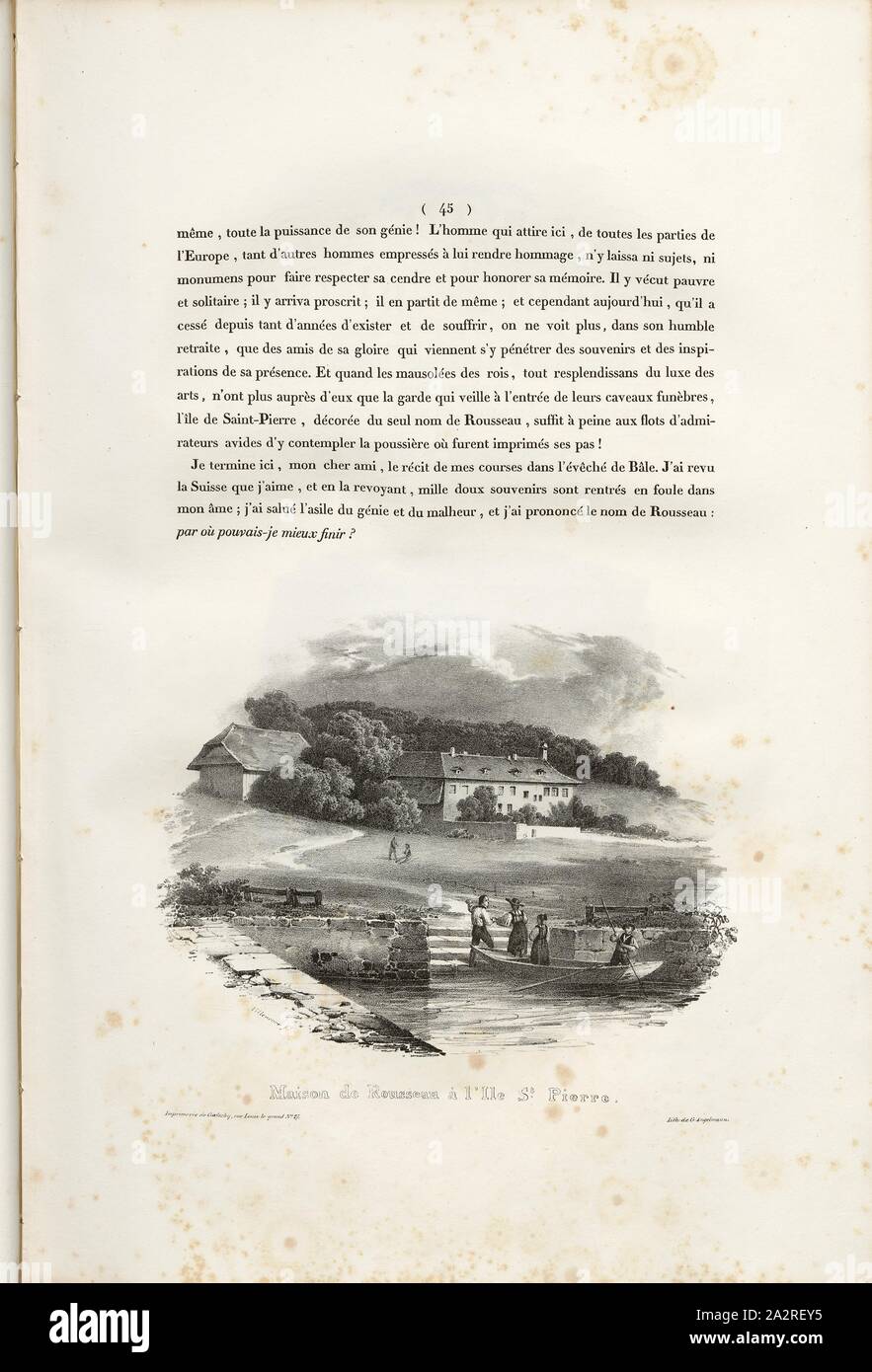 Rousseau's House on St. Peter's Island, Jean-Jacques Rousseau House on St. Peter's Island (Bielersee), Signed: Villeneuve, G. Engelmann, lithograph, plate 4, p. 45 (Vol. 2, Part 2), Villeneuve, M. (ft.); Engelmann, Godefroy (lith.), 1823, Hilaire Léon Sazerac, Godefroy Engelmann: Lettres sur la Suisse (...). Paris: [s.n.], 1823-1832 Stock Photo