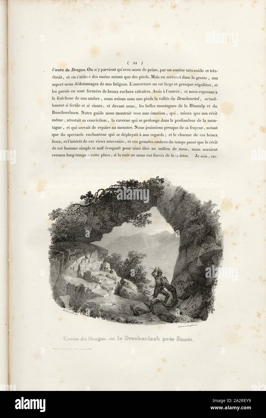 Dragon's Cave, or the Drachenloch near Stantz, Dragon's Hole near Stans, signed: Villeneuve, G. Engelmann, lithograph, plate 2, p. 21 (vol. 2, part 3), Villeneuve, M.; Engelmann, Godefroy (lith.), 1825, Hilaire Léon Sazerac, Godefroy Engelmann: Lettres sur la Suisse (...). Paris: [s.n.], 1823-1832 Stock Photo