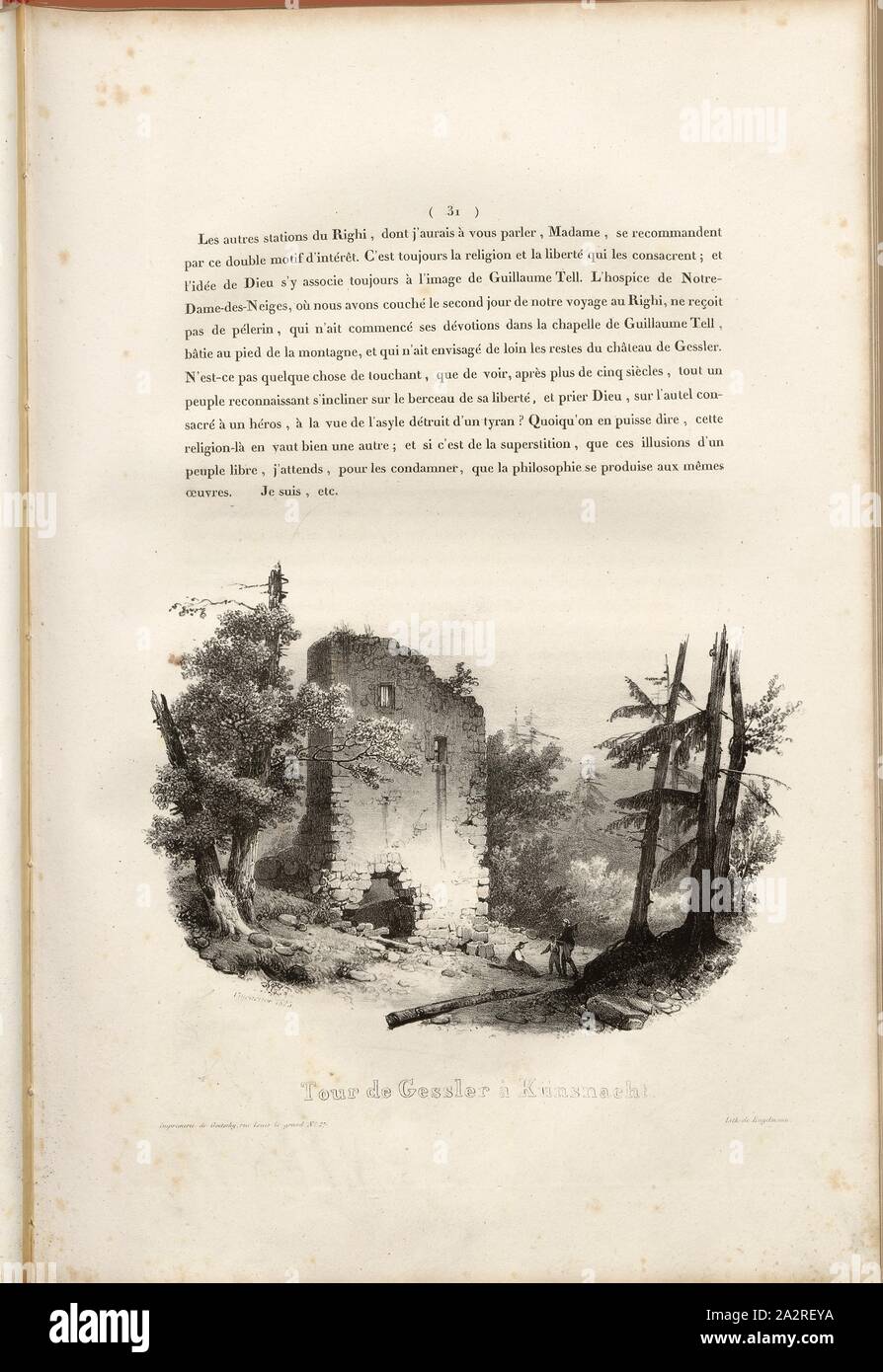 Tour de Gessler at Künsnacht, Ruin Gesslerburg near Küssnacht, signed: Villeneuve, Engelmann, lithograph, plate 3, p. 31 (vol. 2, part 3), Villeneuve, M.; Engelmann, Godefroy (lith.), 1825, Hilaire Léon Sazerac, Godefroy Engelmann: Lettres sur la Suisse (...). Paris: [s.n.], 1823-1832 Stock Photo