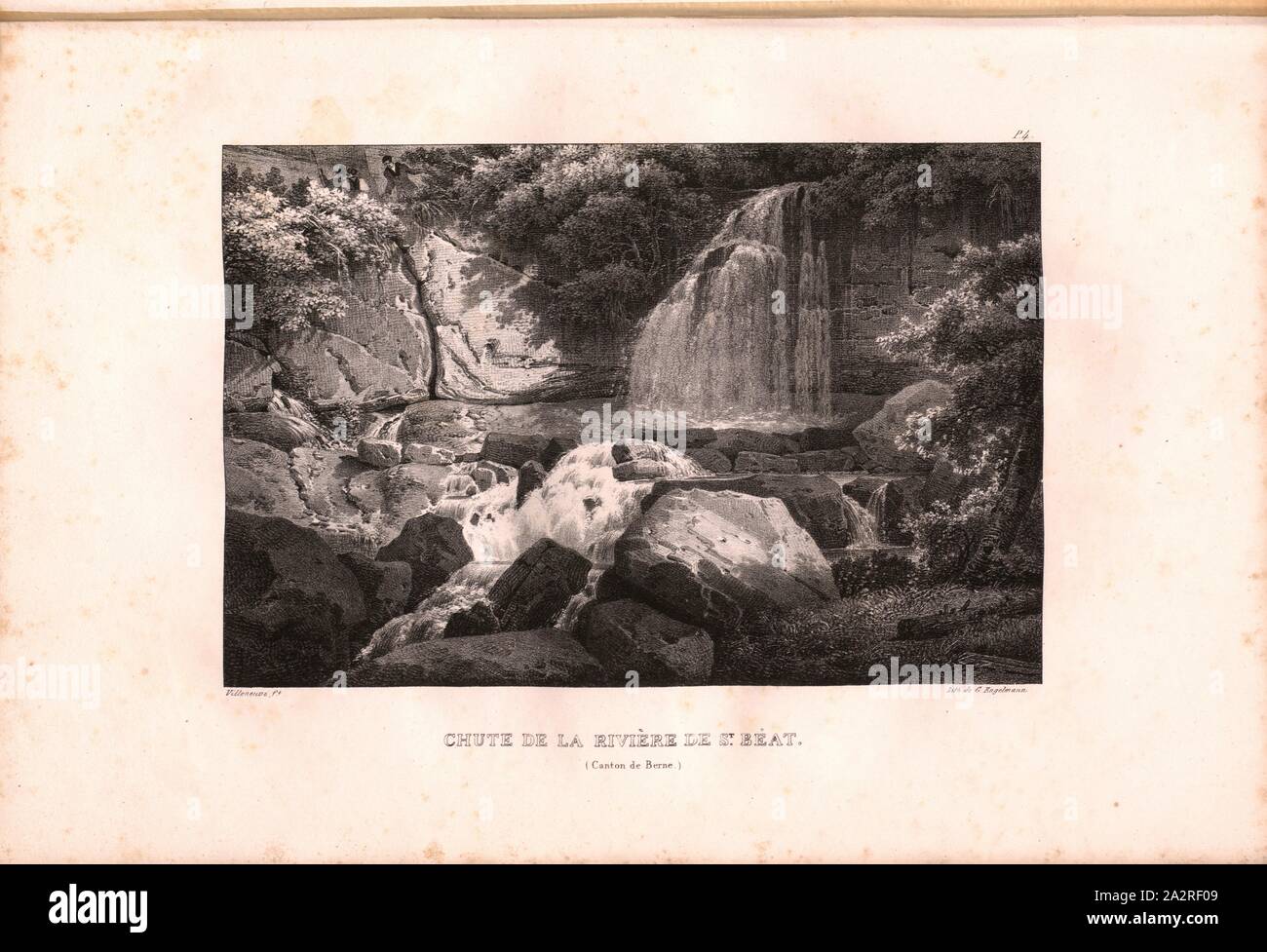 Fall of the St. Beatus River, Waterfall near the Beatus Caves, Signed: Villeneuve, G. Engelmann, lithograph, plate 4 (vol. 1, part 1), Villeneuve, M. (ft.); Engelmann, Godefroy (lith.), 1823, Hilaire Léon Sazerac, Godefroy Engelmann: Lettres sur la Suisse (...). Paris: [s.n.], 1823-1832 Stock Photo