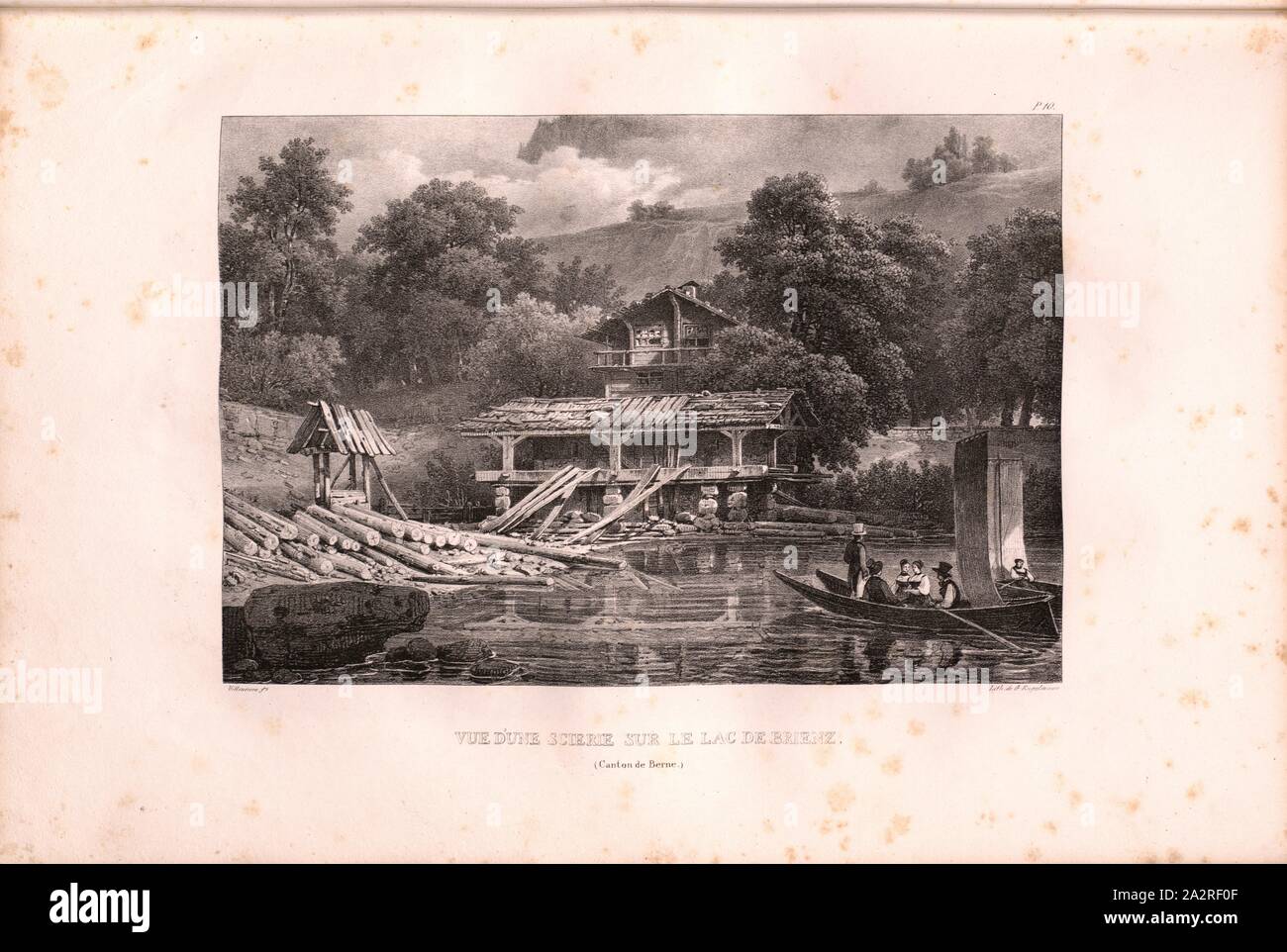 View of a sawmill on Lake Brienz, Sawing on Lake Brienz, Signed: Villeneuve, G. Engelmann, lithograph, plate 10 (vol. 1, part 1), Villeneuve, M. (ft.); Engelmann, Godefroy (lith.), 1823, Hilaire Léon Sazerac, Godefroy Engelmann: Lettres sur la Suisse (...). Paris: [s.n.], 1823-1832 Stock Photo