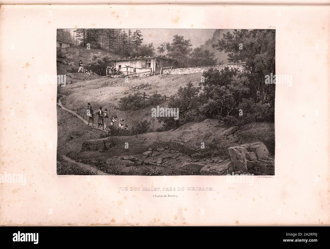 View of a chalet near Giessbach, Alpine hut above the Giessbach Falls, signed: Villeneuve, G. Engelmann, lithograph, plate 12 (vol. 1, part 1), Villeneuve, M. (ft.); Engelmann, Godefroy (lith.), 1823, Hilaire Léon Sazerac, Godefroy Engelmann: Lettres sur la Suisse (...). Paris: [s.n.], 1823-1832 Stock Photo