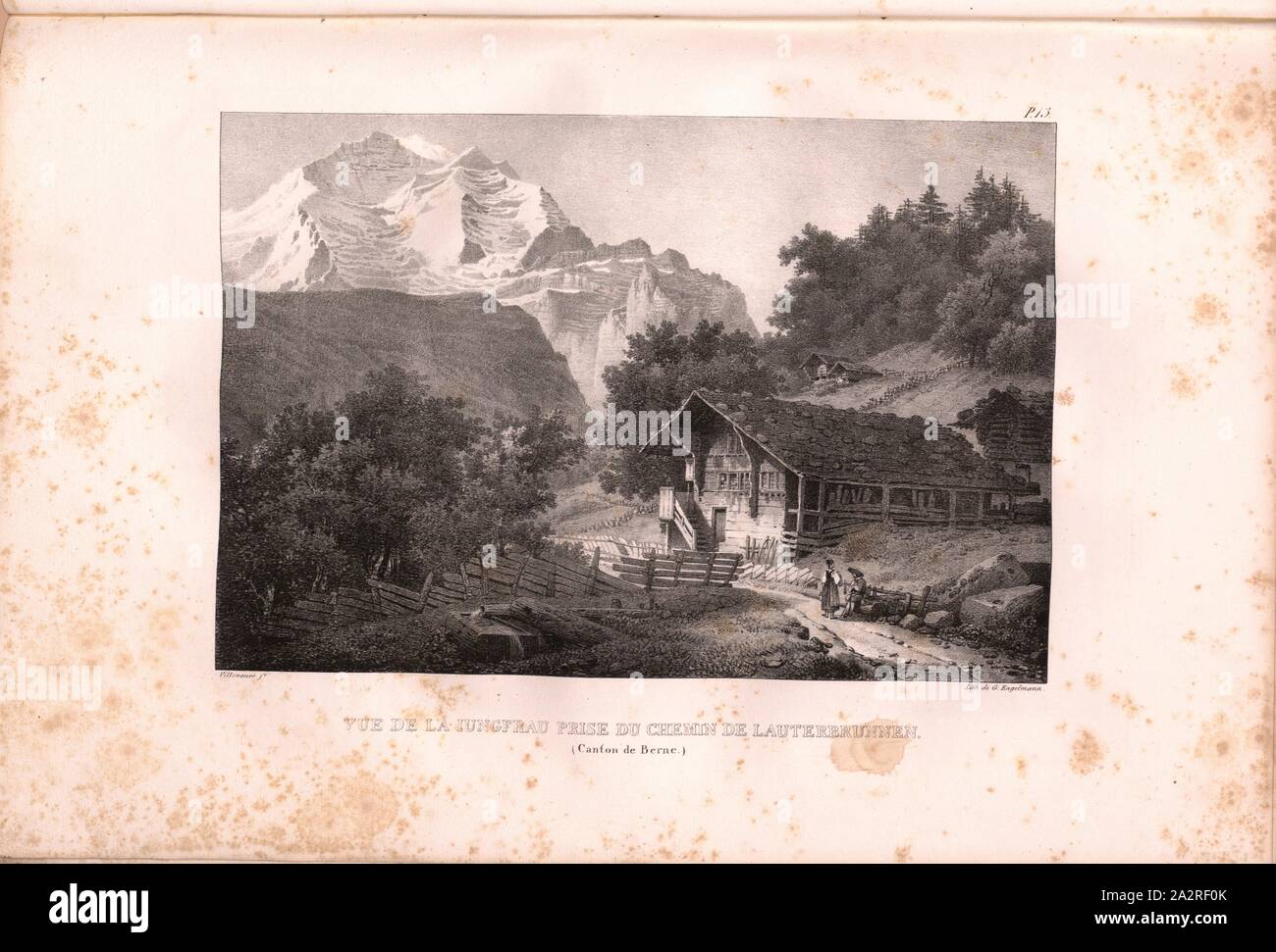 View of Iungfrau taken from Lauterbrunnen Road, Virgin seen from Lauterbrunnen, Signed: Villeneuve, G. Engelmann, lithograph, plate 13 (vol. 1, part 1), Villeneuve, M. (ft.); Engelmann, Godefroy (lith.), 1823, Hilaire Léon Sazerac, Godefroy Engelmann: Lettres sur la Suisse (...). Paris: [s.n.], 1823-1832 Stock Photo