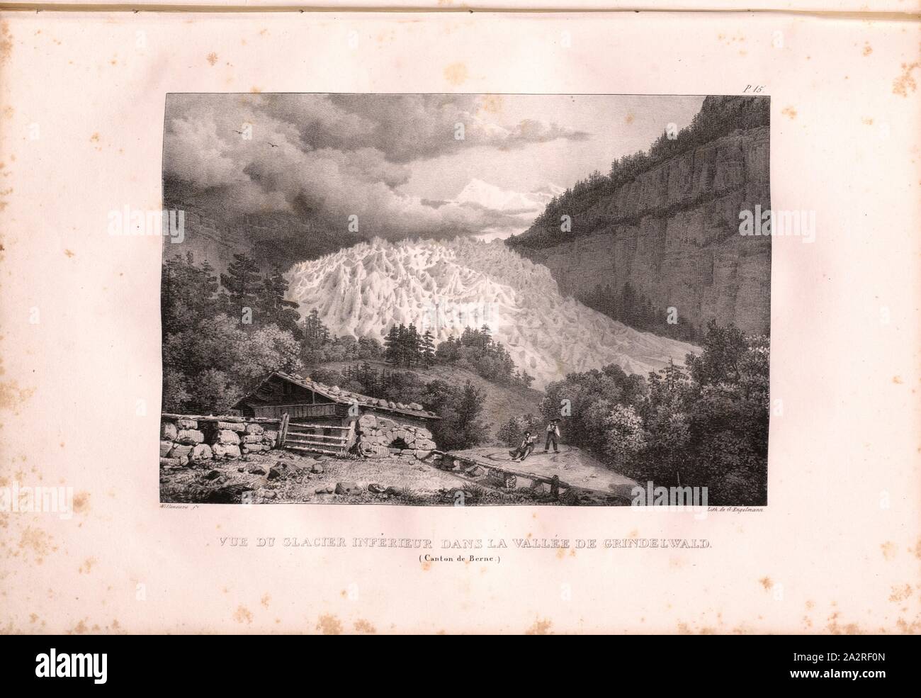 View of the lower glacier in the Grindelwald valley, View of the Grindelwald glacier, Signed: Villeneuve, G. Engelmann, lithograph, plate 15 (vol. 1, part 1), Villeneuve, M. (ft.); Engelmann, Godefroy (lith.), 1823, Hilaire Léon Sazerac, Godefroy Engelmann: Lettres sur la Suisse (...). Paris: [s.n.], 1823-1832 Stock Photo