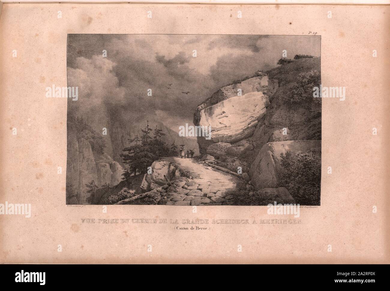 View taken from the path of the Grande Scheideck in Meyringen, Road from Grosse Scheidegg to Meiringen, Signed: Villeneuve, G. Engelmann, lithograph, pl. 19 (vol. 1, part 1), Villeneuve, M. (ft.); Engelmann, Godefroy (lith.), 1823, Hilaire Léon Sazerac, Godefroy Engelmann: Lettres sur la Suisse (...). Paris: [s.n.], 1823-1832 Stock Photo