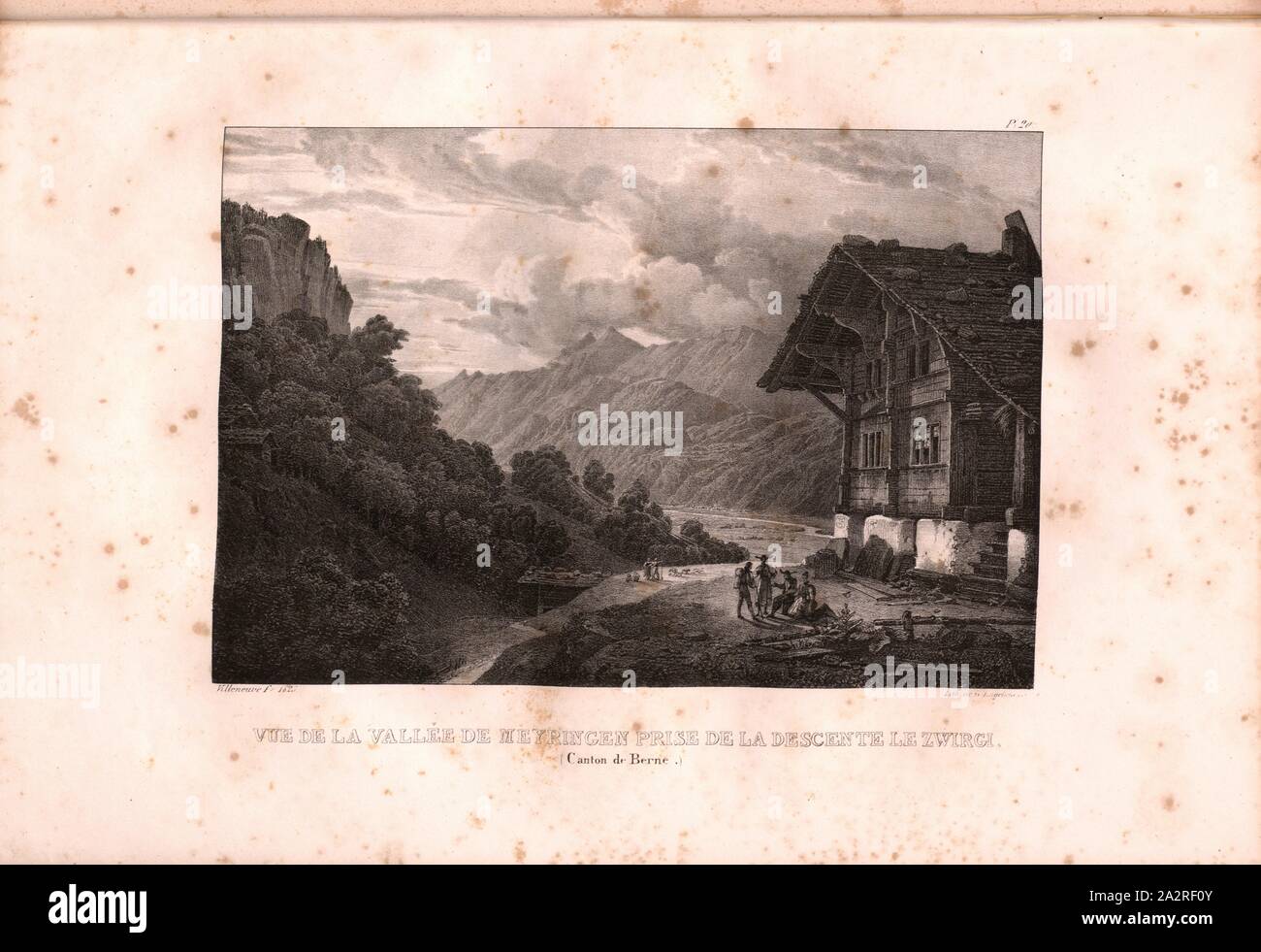 View of the Meiringen valley taken from the Zwirgi descent, Haslital and Gasthaus Zwirgi, Signed: Villeneuve, G. Engelmann, lithograph, pl. 20 (vol. 1, part 1), Villeneuve, M. (ft.); Engelmann, Godefroy (lith.), 1823, Hilaire Léon Sazerac, Godefroy Engelmann: Lettres sur la Suisse (...). Paris: [s.n.], 1823-1832 Stock Photo