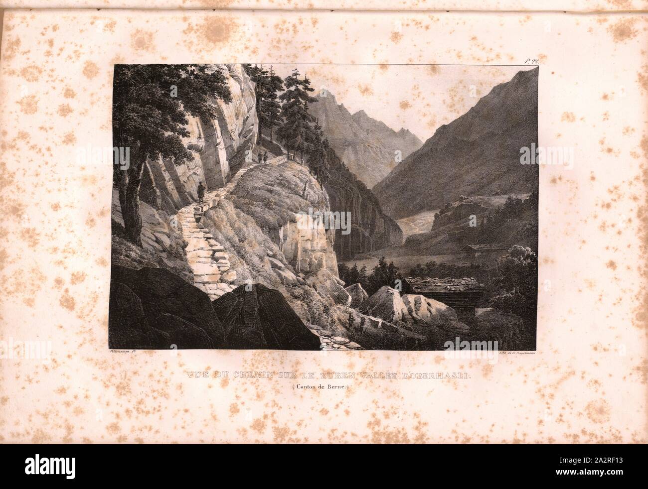 View of the path on the Zuben valley of Oberhasli, Path in the Oberhaslital, Signed: Villeneuve, G. Engelmann, lithograph, plate 22 (vol. 1, part 1), Villeneuve, M. (ft.); Engelmann, Godefroy (lith.), 1823, Hilaire Léon Sazerac, Godefroy Engelmann: Lettres sur la Suisse (...). Paris: [s.n.], 1823-1832 Stock Photo