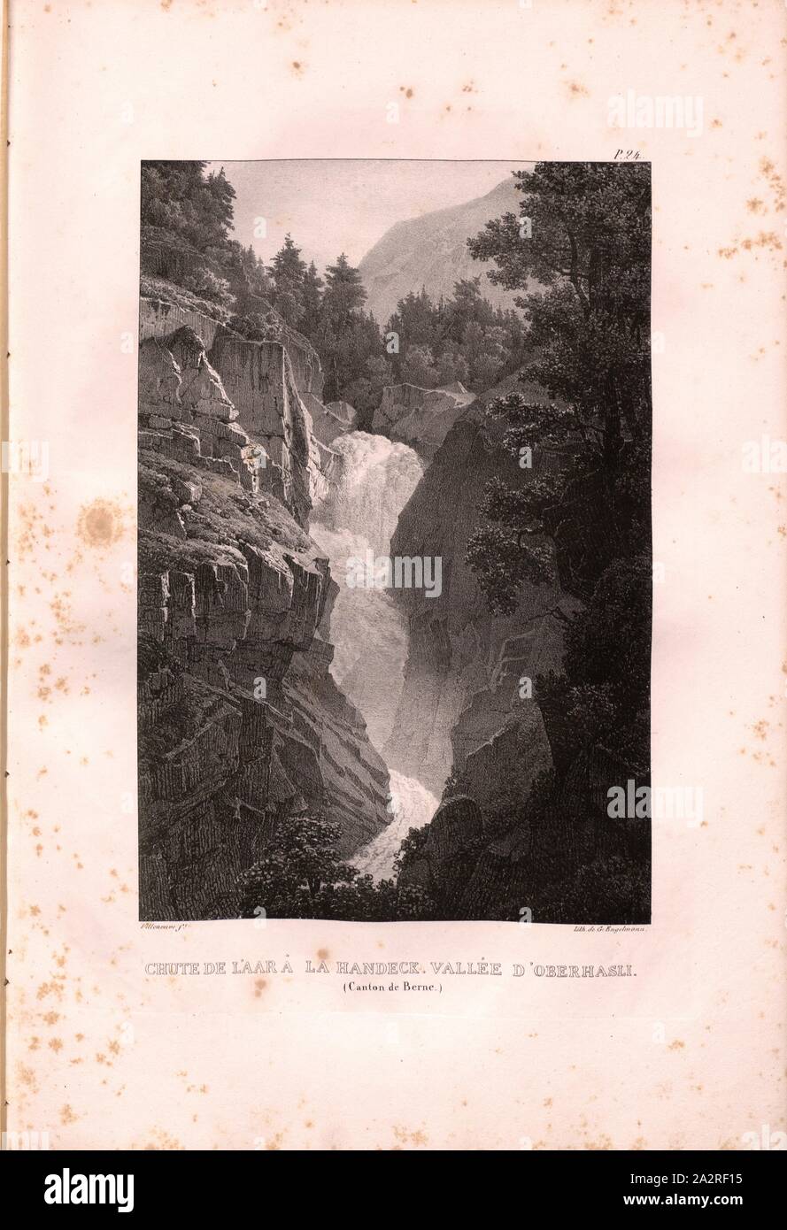 Fall of the Aare at the Handeck, Oberhasli Valley, Aarefall near Handeck in the Oberhaslital, Signed: Villeneuve, G. Engelmann, lithograph, pl. 24 (vol. 1, part 1), Villeneuve, M. (ft.); Engelmann, Godefroy (lith.), 1823, Hilaire Léon Sazerac, Godefroy Engelmann: Lettres sur la Suisse (...). Paris: [s.n.], 1823-1832 Stock Photo