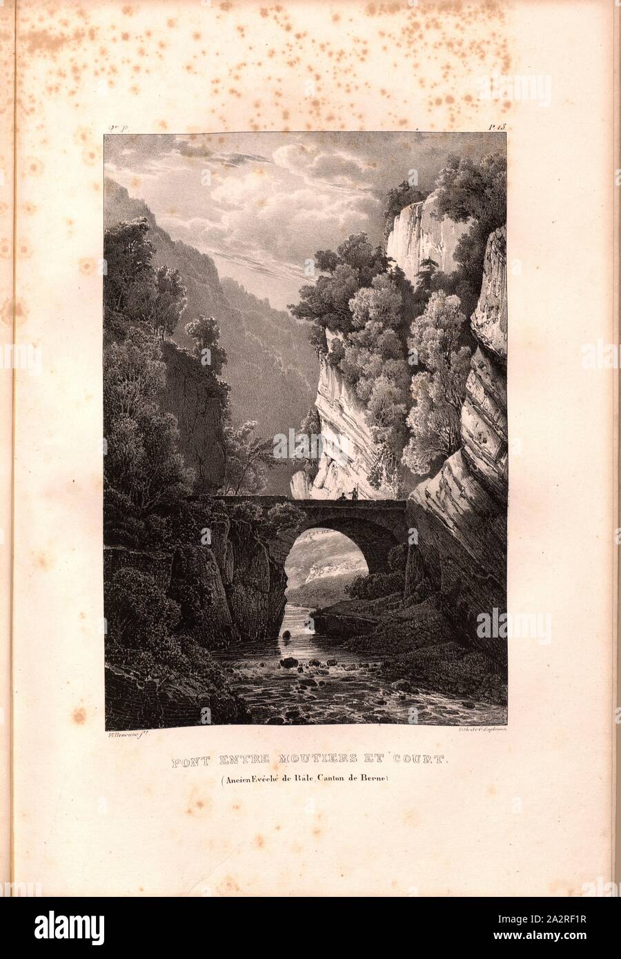 Bridge between Moutiers and Court, Bridge between Moutiers and Cours in the Klus, Signed: Villeneuve, G. Engelmann, lithograph, pl. 12 (vol. 1, part 2), Villeneuve, M. (ft.); Engelmann, Godefroy (lith.), 1823, Hilaire Léon Sazerac, Godefroy Engelmann: Lettres sur la Suisse (...). Paris: [s.n.], 1823-1832 Stock Photo