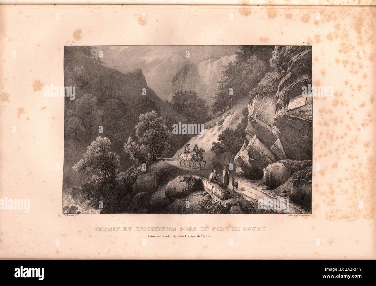 Path and inscription near the Court Bridge, Inscription on the way to the Pont de Court, signed: Villeneuve, G. Engelmann, lithograph, plate 14 (vol. 1, part 2), Villeneuve, M. (ft.); Engelmann, Godefroy (lith.), 1823, Hilaire Léon Sazerac, Godefroy Engelmann: Lettres sur la Suisse (...). Paris: [s.n.], 1823-1832 Stock Photo