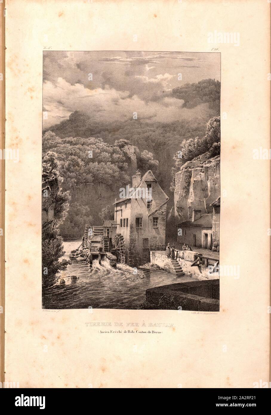 Iron Tirry at Baujan, View of a mill between Pierre Pertuis and Biel, signed: Villeneuve, G. Engelmann, lithograph, plate 16 (vol. 1, part 2), Villeneuve, M. (ft.); Engelmann, Godefroy (lith.), 1823, Hilaire Léon Sazerac, Godefroy Engelmann: Lettres sur la Suisse (...). Paris: [s.n.], 1823-1832 Stock Photo