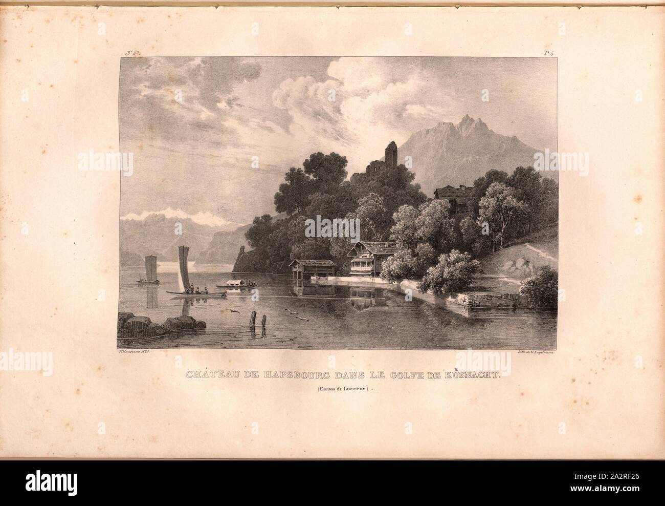 Hapsburg Castle in the Gulf of Kuesnacht, Ruined castle near Küssnacht on Lake Lucerne, signed: Villeneuve, G. Engelmann, lithograph, plate 4 (vol. 1, part 3), Villeneuve, M. (ft.); Engelmann, Godefroy (lith.), 1825, Hilaire Léon Sazerac, Godefroy Engelmann: Lettres sur la Suisse (...). Paris: [s.n.], 1823-1832 Stock Photo
