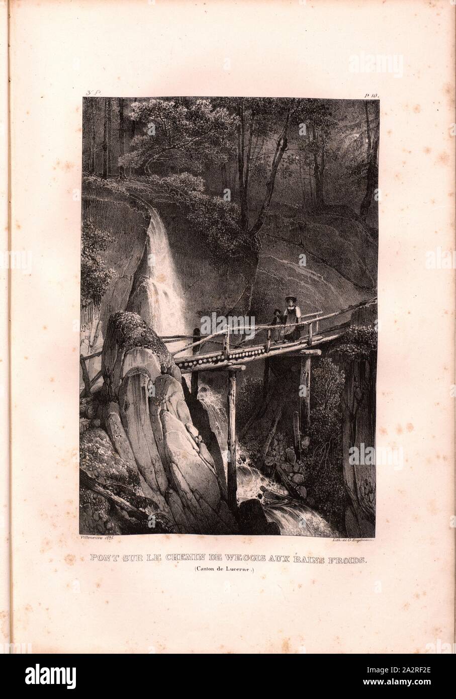 Bridge on the Weggis path to cold baths, Path from Weggis to Kaltbad, Signed: Villeneuve, G. Engelmann, Lithograph, Plate 10 (Vol. 1, Part 3), Villeneuve, M. (ft.); Engelmann, Godefroy (lith.), 1825, Hilaire Léon Sazerac, Godefroy Engelmann: Lettres sur la Suisse (...). Paris: [s.n.], 1823-1832 Stock Photo