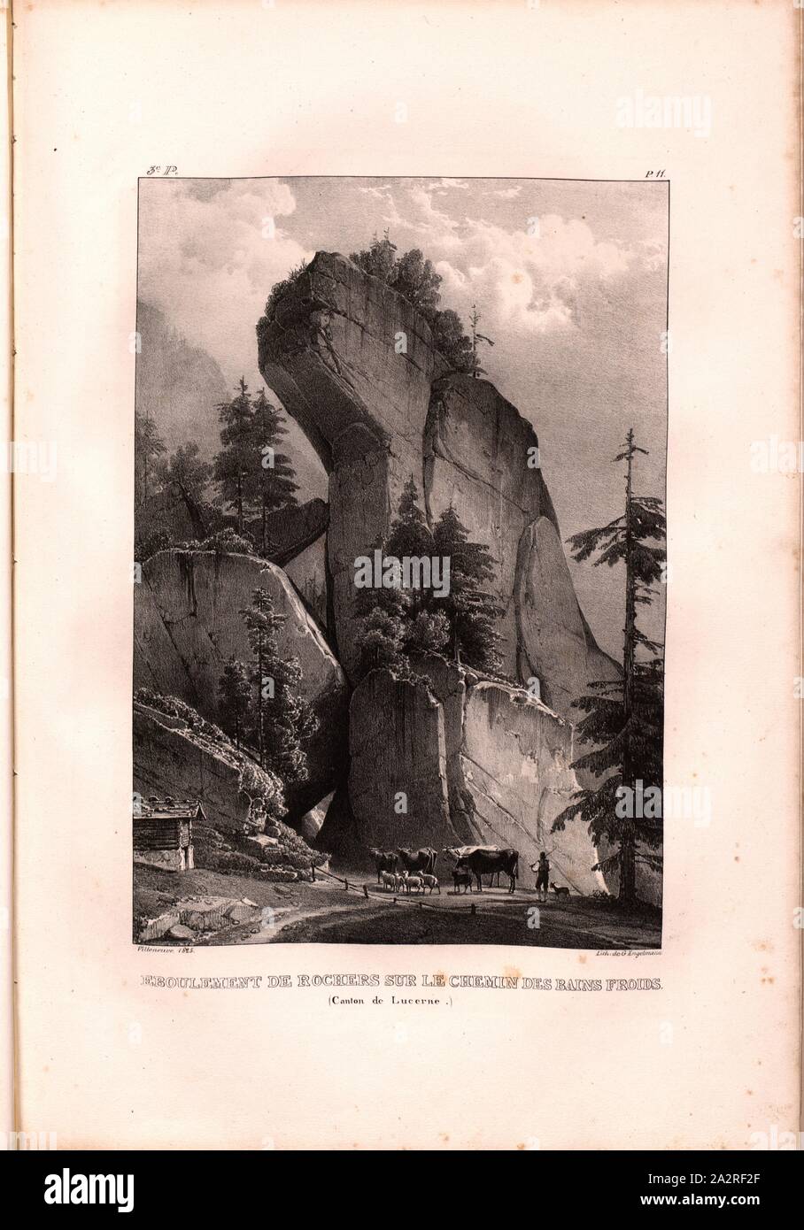 Rock boulders on the path of the cold baths, Rock formation on the way to Kaltbad, Signed: Villeneuve, G. Engelmann, lithograph, pl. 11 (vol. 1, part 3), Villeneuve, M. (ft.); Engelmann, Godefroy (lith.), 1825, Hilaire Léon Sazerac, Godefroy Engelmann: Lettres sur la Suisse (...). Paris: [s.n.], 1823-1832 Stock Photo