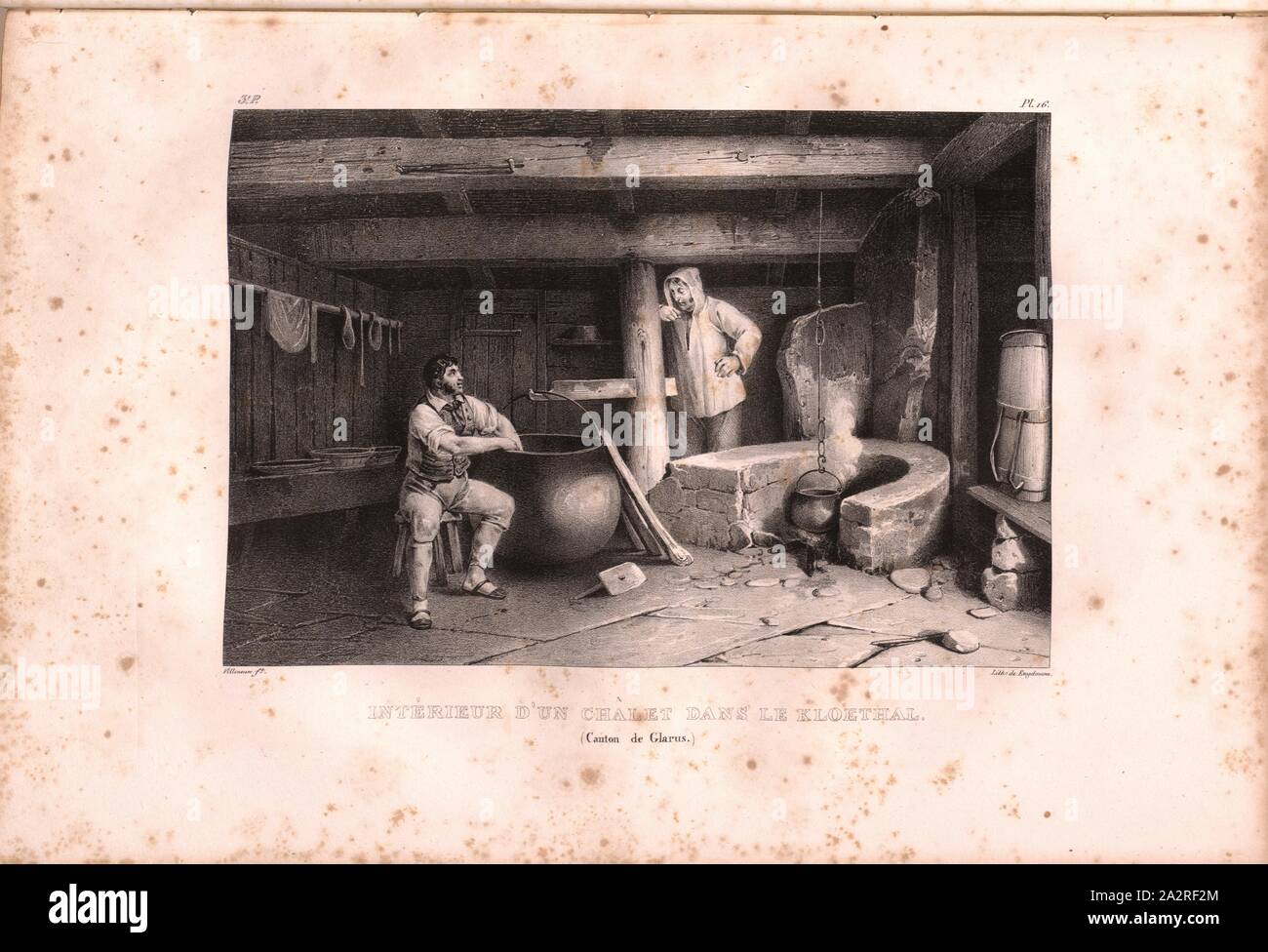 Interior of a chalet in the Kloethal, Alpine hut in Klöntal, signed: Villeneuve, Engelmann, lithograph, plate 16 (vol. 1, part 3), Villeneuve, M. (ft.); Engelmann, Godefroy (lith.), 1823, Hilaire Léon Sazerac, Godefroy Engelmann: Lettres sur la Suisse (...). Paris: [s.n.], 1823-1832 Stock Photo