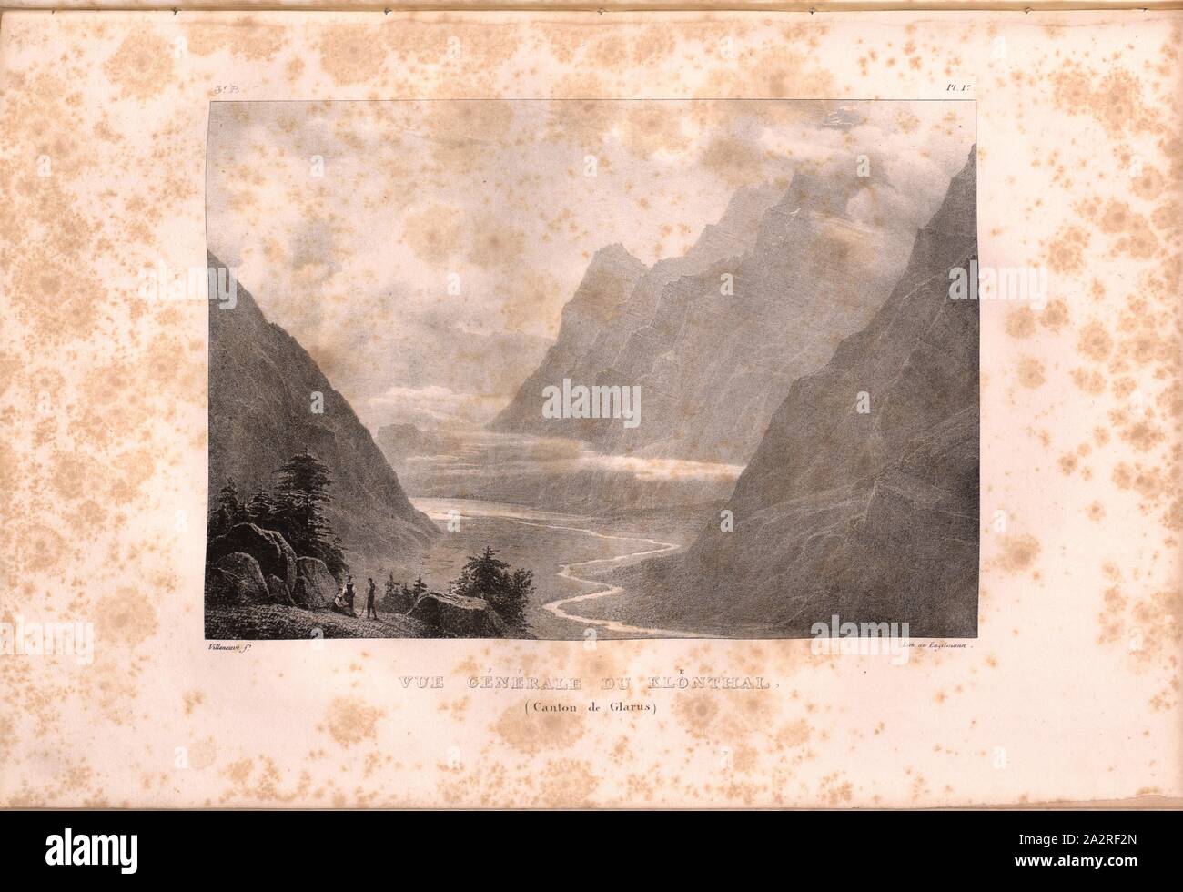 General view of Kloenthal, Klöntal, Signed: Villeneuve, Engelmann, lithograph, plate 17 (vol. 1, part 3), Villeneuve, M. (ft.); Engelmann, Godefroy (lith.), 1823, Hilaire Léon Sazerac, Godefroy Engelmann: Lettres sur la Suisse (...). Paris: [s.n.], 1823-1832 Stock Photo