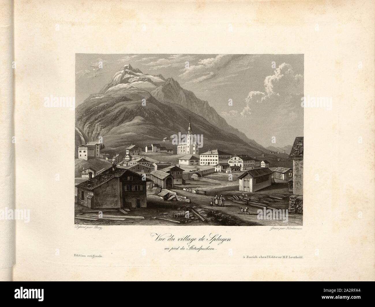 Vue du village de Splugen, au pied du Stotzalperhorn, View of Splügen, pl. 11, p. 29, Bury (dessiné); Hurlimann (gravé), 1841, Hans Felix Leuthold: Cinquante vues pittoresques de la Suisse. Contenant les points les plus intéressants et les plus originaux. Zürich: H.F. Leuthold, [1841 Stock Photo