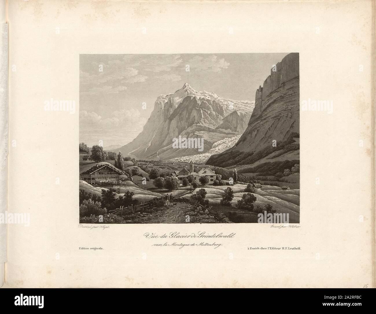 View of the Grindelwald Glacier towards the Mettenberg Mountain, View of the Upper Grindelwald Glacier, the Mättenberg and Wetterhorn (left), signed: Dessiné par Wezel, gravé by Weber, pl. 37, p. 82, Wezel (dessiné); Weber, Lukas (gravé), 1841, Hans Felix Leuthold: Cinquante vues pittoresques de la Suisse. Contenant les points les plus intéressants et les plus originaux. Zürich: H.F. Leuthold, [1841 Stock Photo