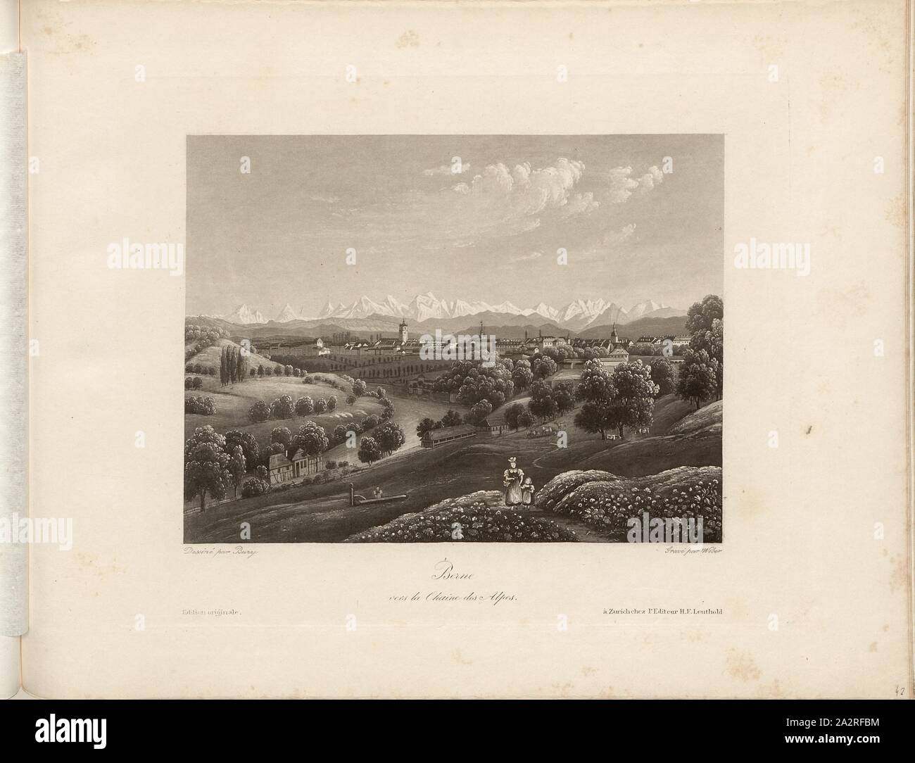 Bern to the Alps, View of Aare and Bern, background: Alps, Signed: Dessiné  par Bury, gravé