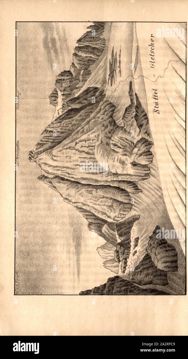 Stäffel Glacier, View of Stäfel Glacier and Gross Windgällen, p. 62, Gottlieb Studer, Gottlieb Studer, Melchior Ulrich, Johann Jakob Weilenmann: Berg- und Gletscher-Fahrten in den Hochalpen der Schweiz. Zürich: Schulthess, 1859-1863 Stock Photo