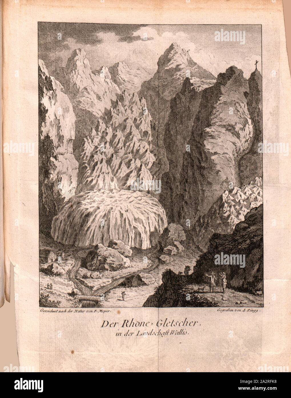 The Rhone Glacier in the Valais countryside, View of the Rhone Glacier, Signed: drawn after the nature of F. Meyer, dug by A. Zingg, pl. 3, after p. 232 (part 1), Meyer, F. (gezeichnet); Zingg, Adrian (gegraben), 1778, Gottlieb Sigmund Gruner, Reisen durch die merkwürdigsten Gegenden Helvetiens (...). Londen [i. e. Bern]: bey der typographischen Gesellschaft, 1778 Stock Photo