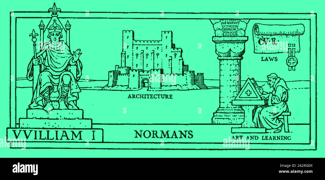1930's illustration showing symbolic images from the History of Britain at the time of William the Conqueror - King William I - Castles - Architecture - Law Making - Art & Learning Stock Photo