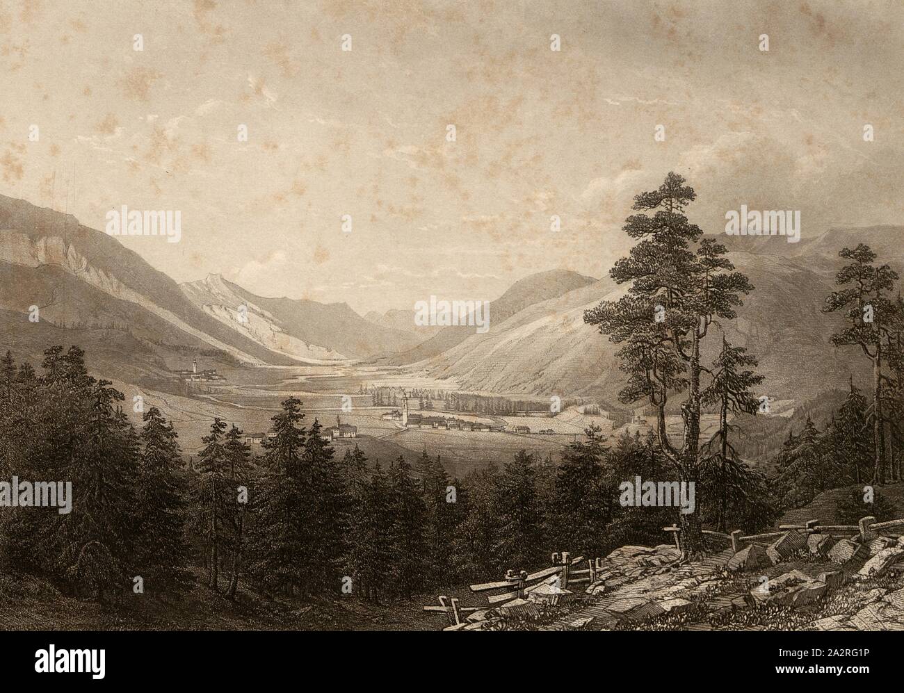 Thal area of Samedan, The plateau of Samedan, Signed: C. Huber, steel engraving, plate 5, after p. 16, Huber, Caspar Ulrich (del. und sc.), 1870, Caspar Ulrich Huber, Album von St. Moritz in Oberengadin Canton Graubünden Stock Photo