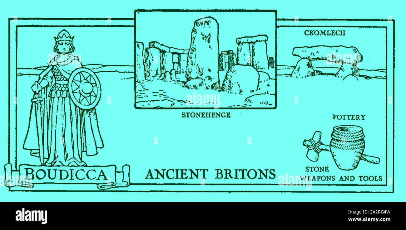 1930's illustration showing symbolic images from the History of Britain at the time of  Boudicca / Boadicea- Megaliths - Ancient Britons - Cromlechs - Stone tools - Pottery - Stonehenge Stock Photo